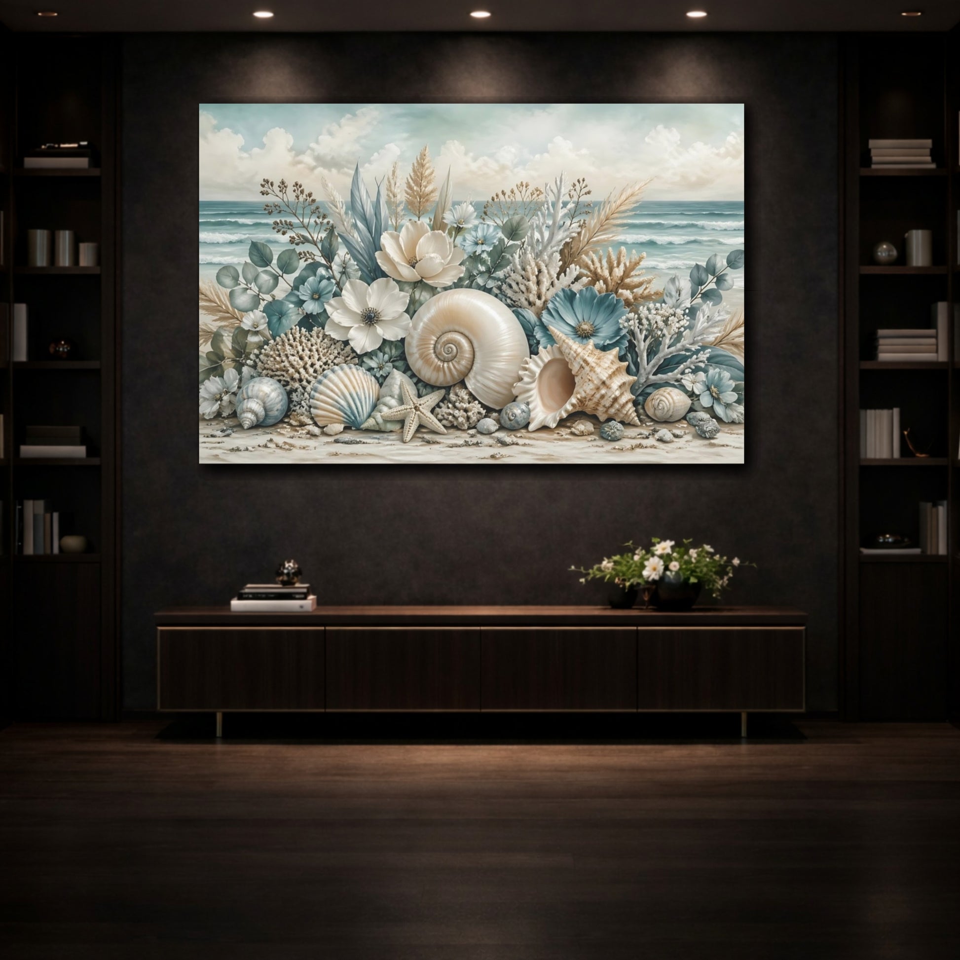 Mockup 3. Nature Seashells Coastal Seashells shown as stretched canvas wall art
