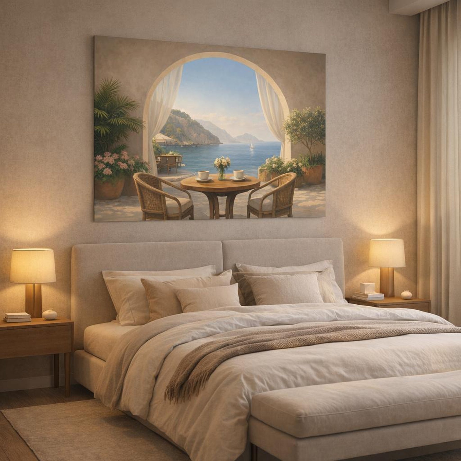 Nature Seaside Cafe Arch shown as canvas wall art in a luxury bedroom