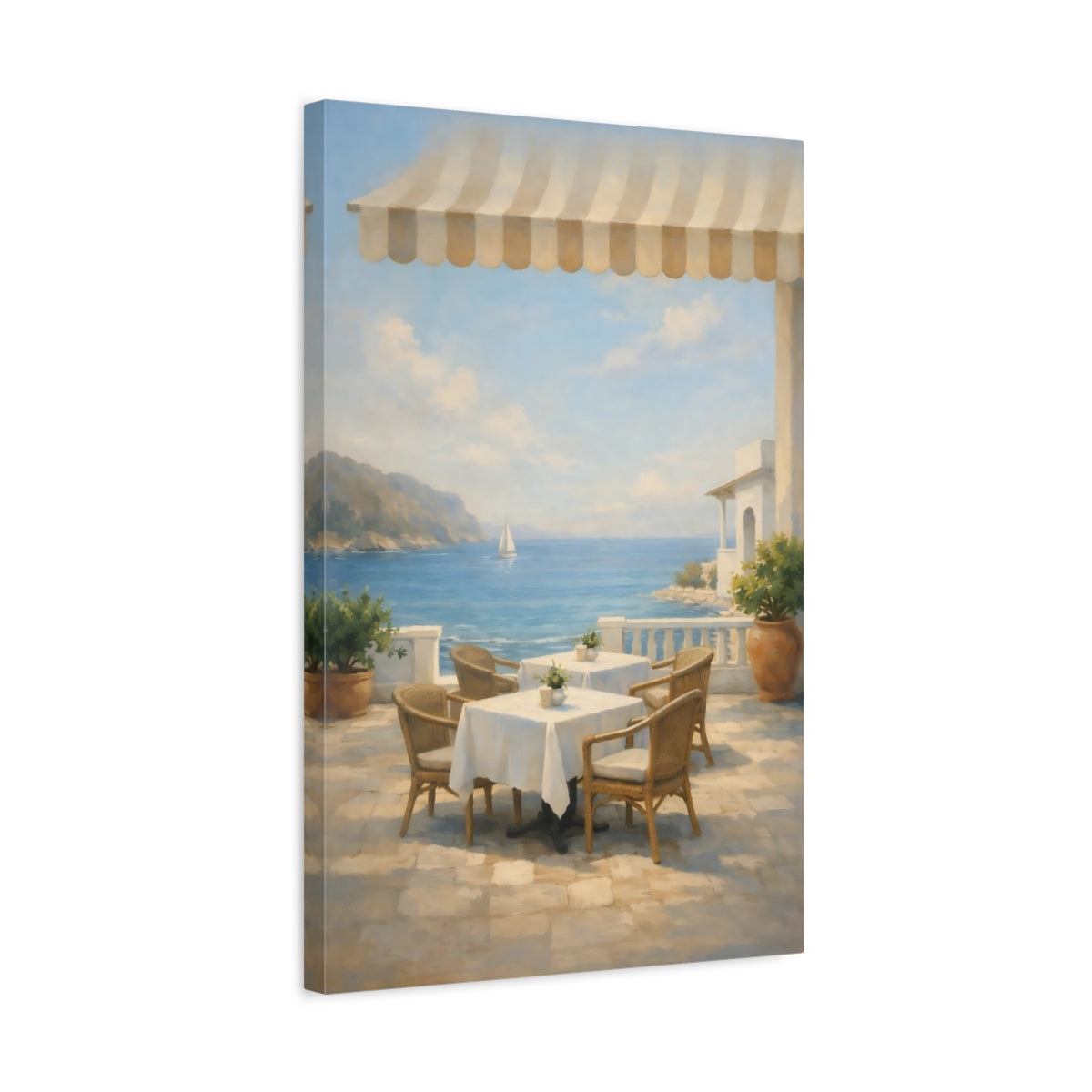 Side Mockup 3. Nature Seaside Cafe Mediterranean Seascape shown as stretched canvas wall art