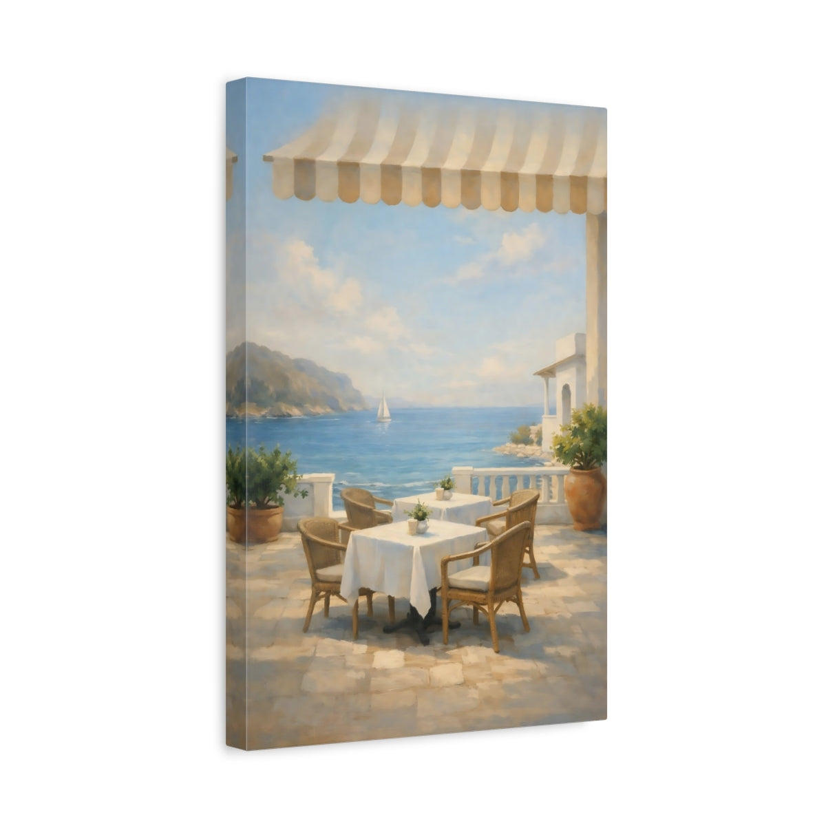 Side Mockup 4. Nature Seaside Cafe Mediterranean Seascape shown as stretched canvas wall art