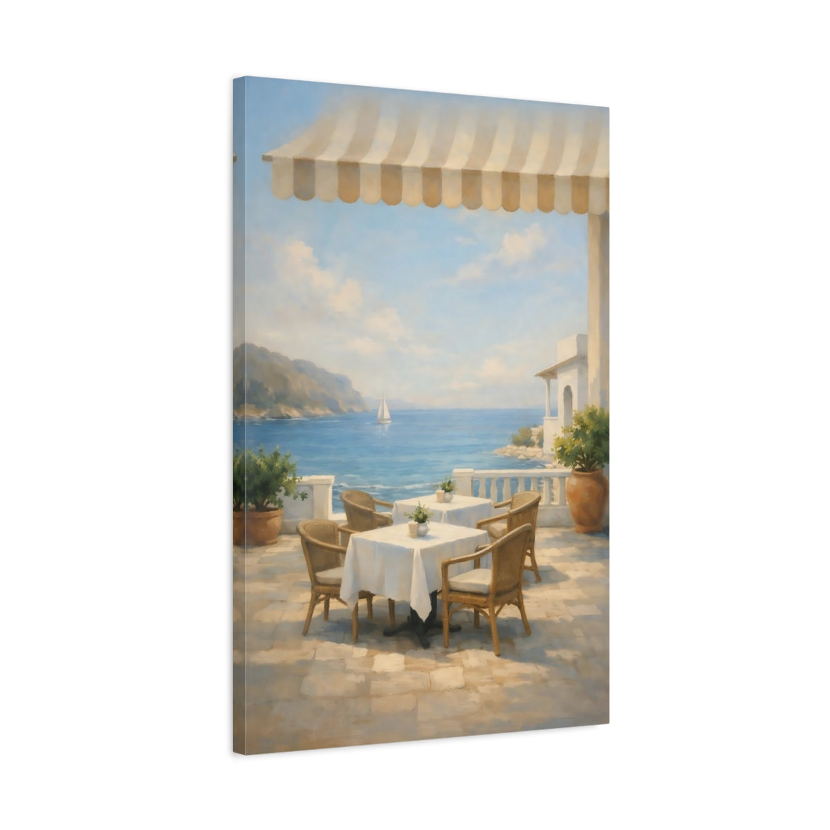 Side Mockup 2. Nature Seaside Cafe Mediterranean Seascape shown as stretched canvas wall art