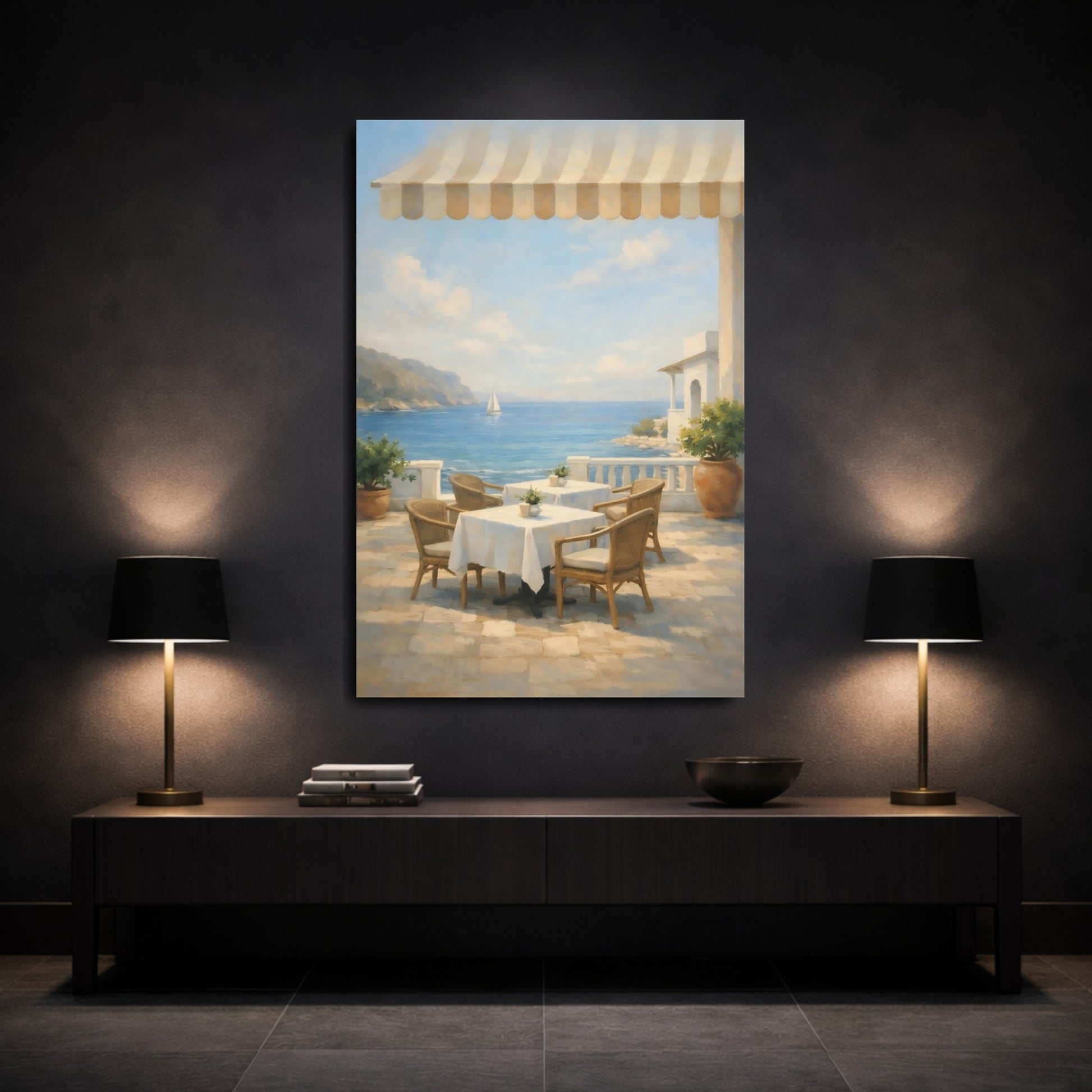 Mockup 2. Nature Seaside Cafe Mediterranean Seascape shown as stretched canvas wall art