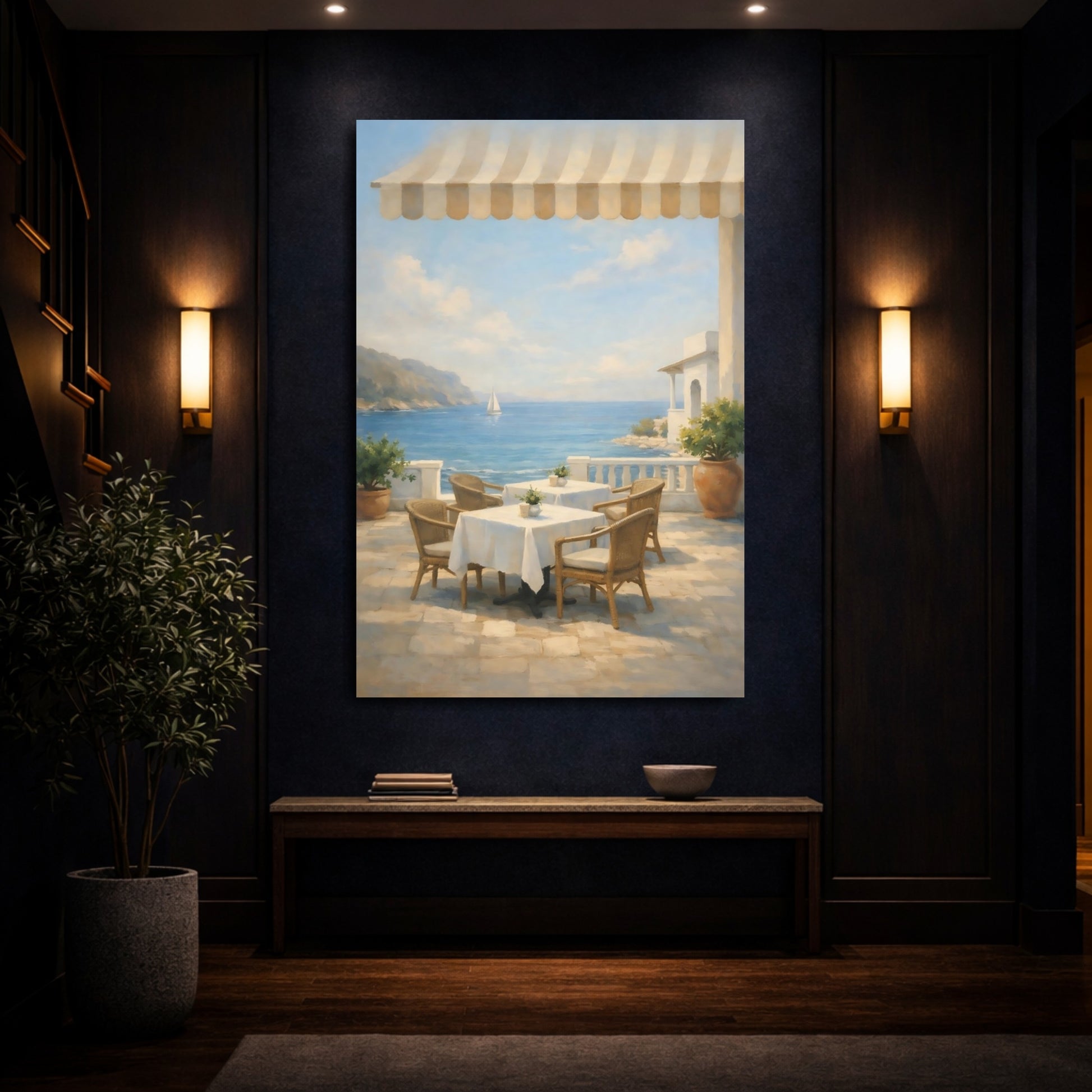 Mockup 3. Nature Seaside Cafe Mediterranean Seascape shown as stretched canvas wall art