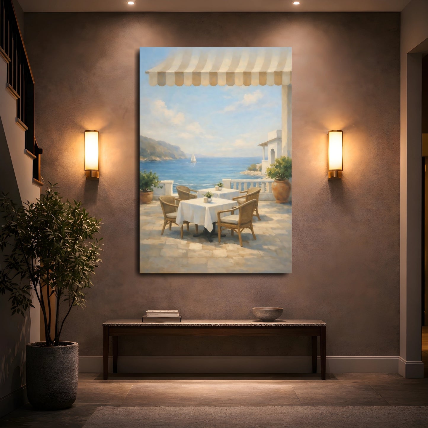 Mockup 4. Nature Seaside Cafe Mediterranean Seascape shown as stretched canvas wall art