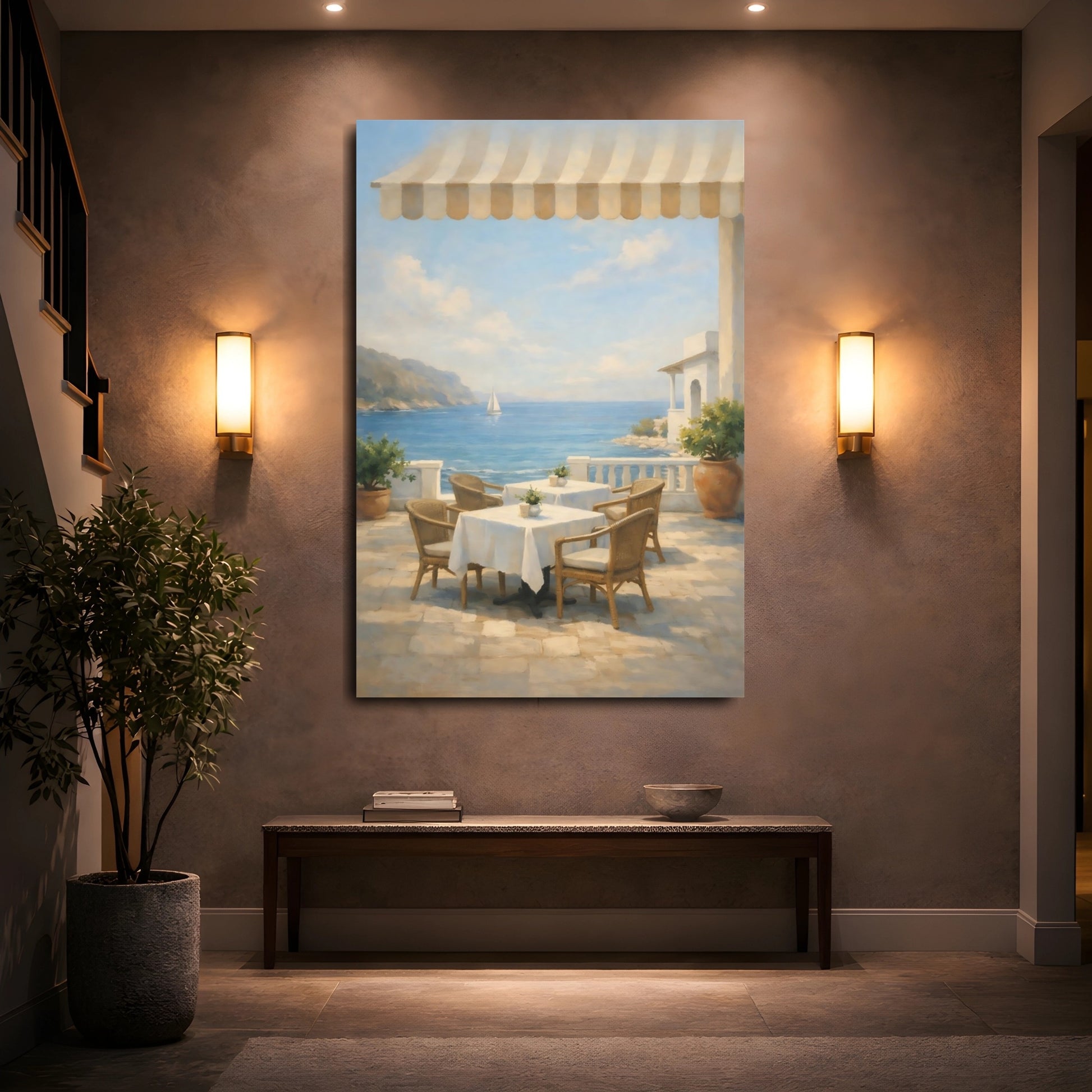 Mockup 4. Nature Seaside Cafe Mediterranean Seascape shown as stretched canvas wall art