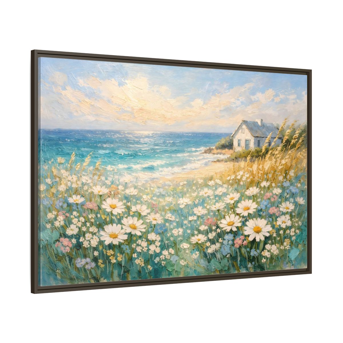 Main Mockup. Nature Seaside Cottage Vibrant Coastal Scene shown as stretched canvas wall art