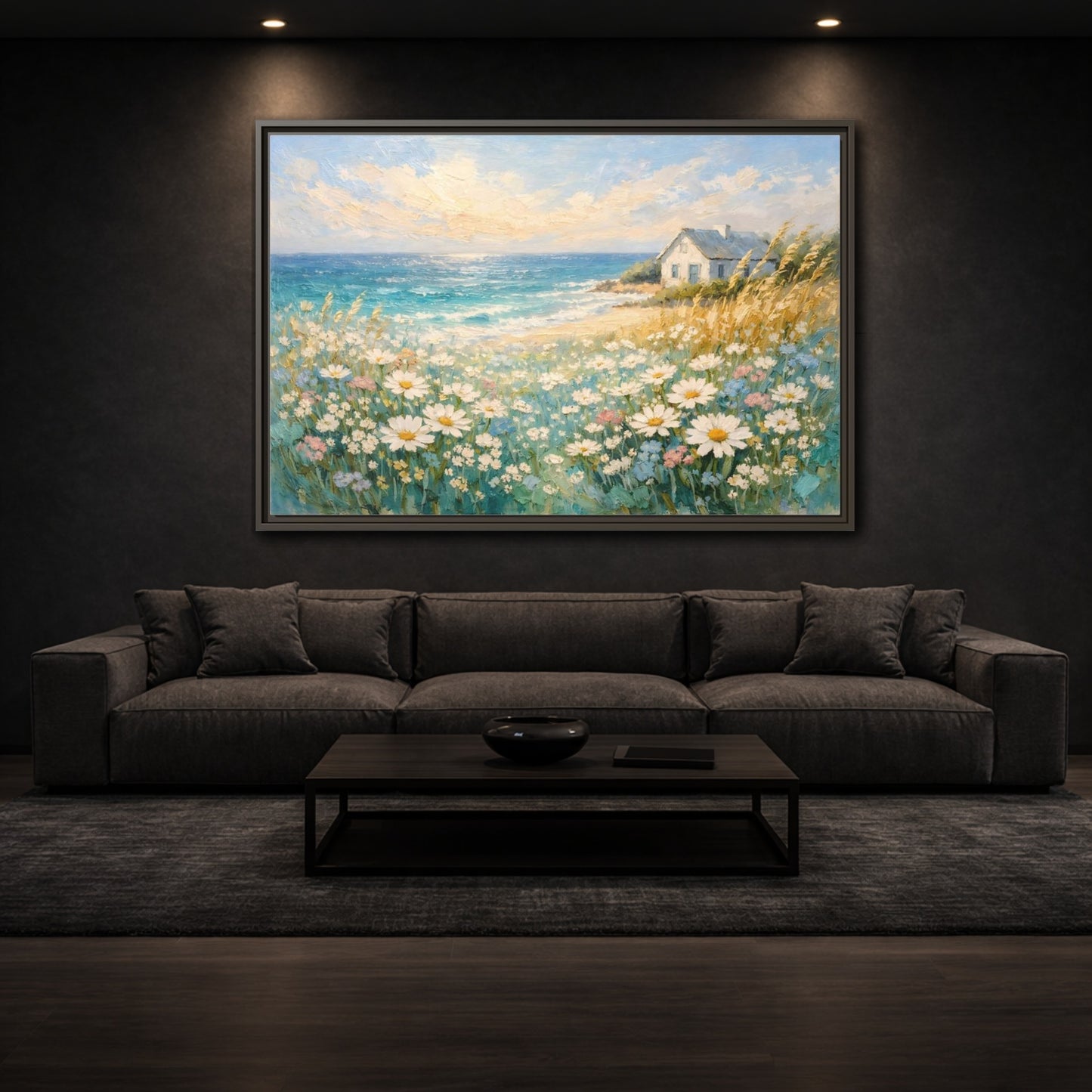 Mockup 2. Nature Seaside Cottage Vibrant Coastal Scene shown as stretched canvas wall art