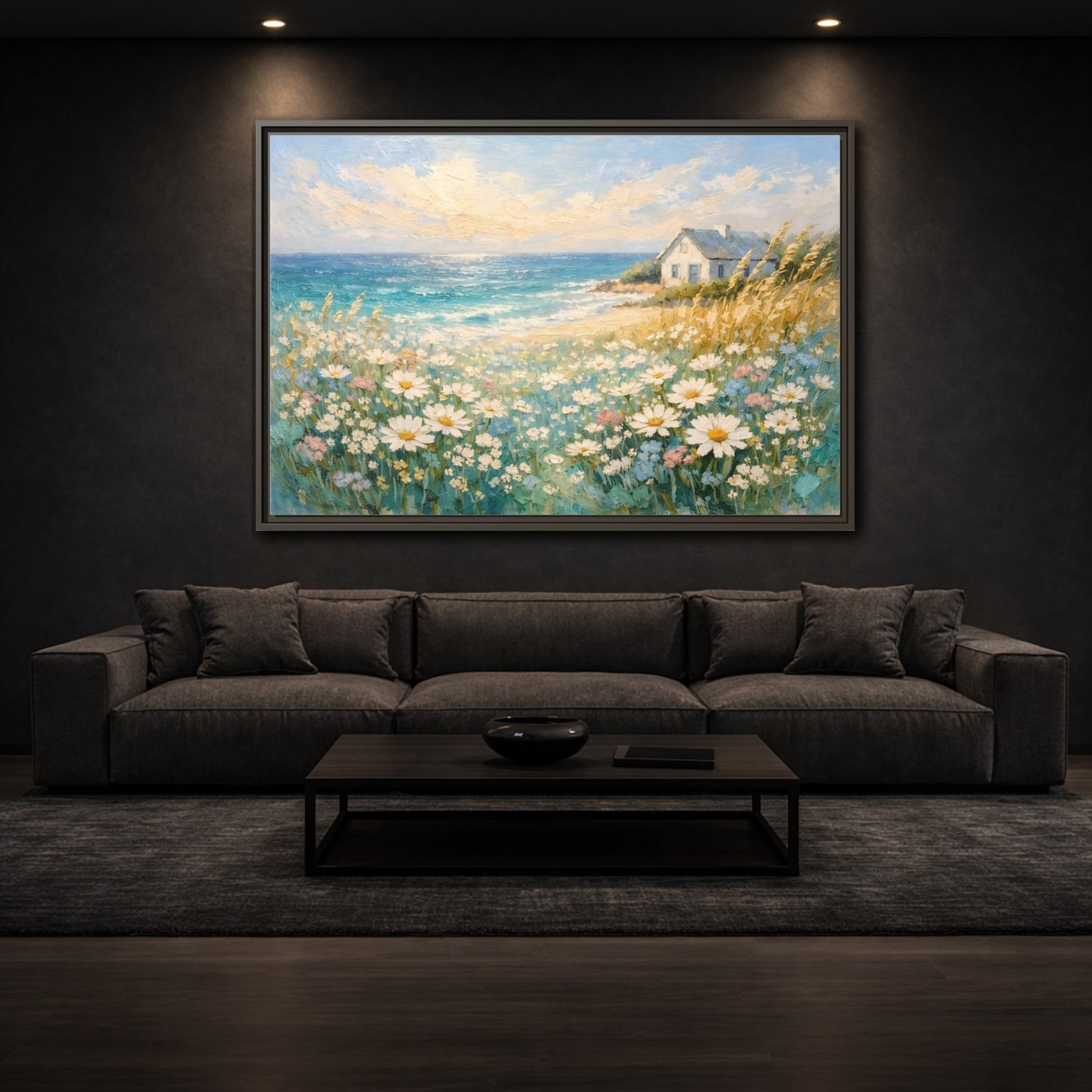Mockup 2. Nature Seaside Cottage Vibrant Coastal Scene shown as stretched canvas wall art