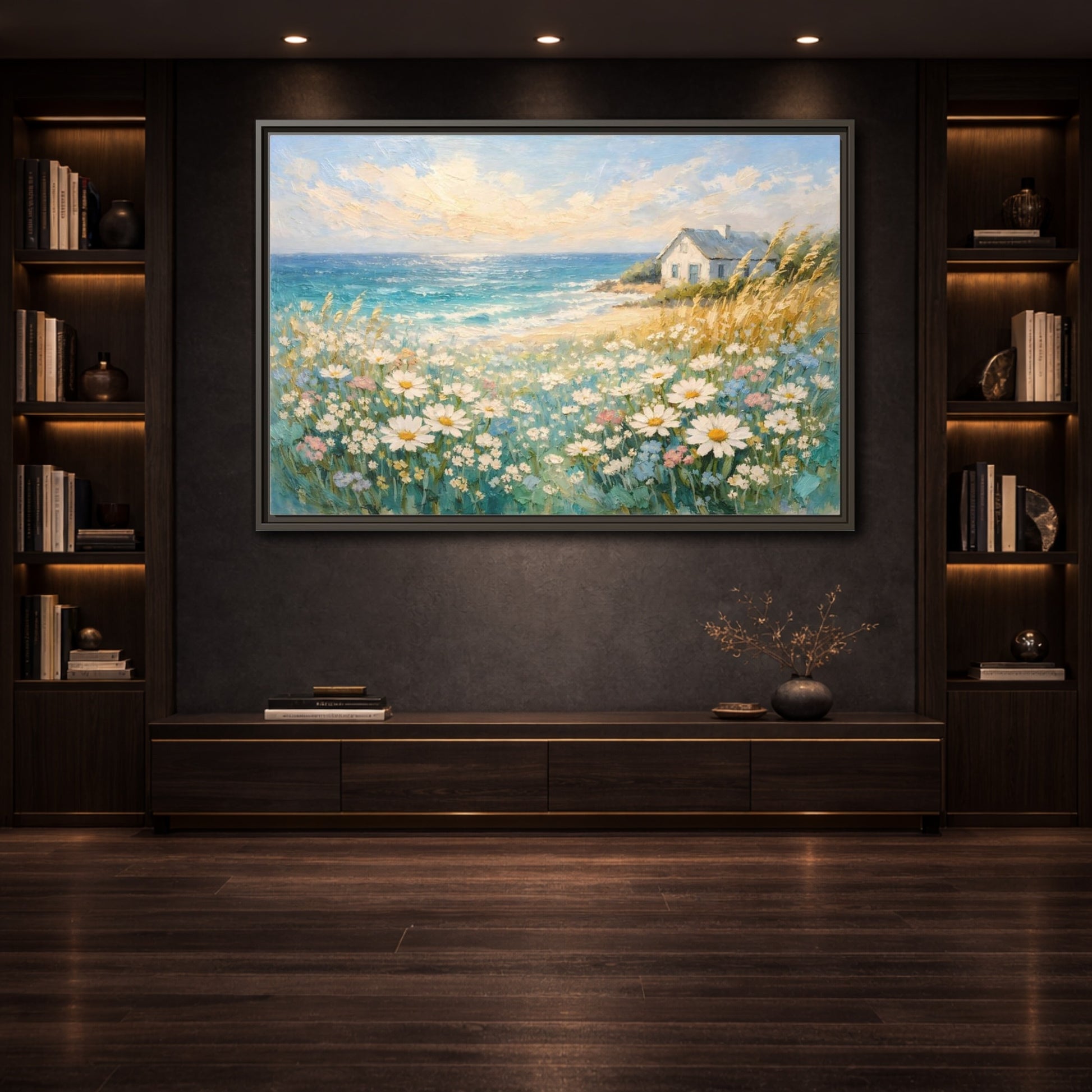 Mockup 3. Nature Seaside Cottage Vibrant Coastal Scene shown as stretched canvas wall art