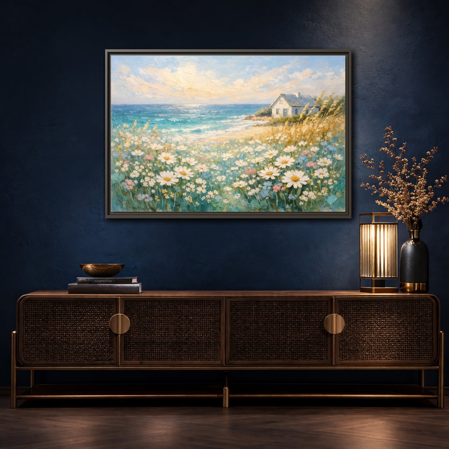 Mockup 4. Nature Seaside Cottage Vibrant Coastal Scene shown as stretched canvas wall art