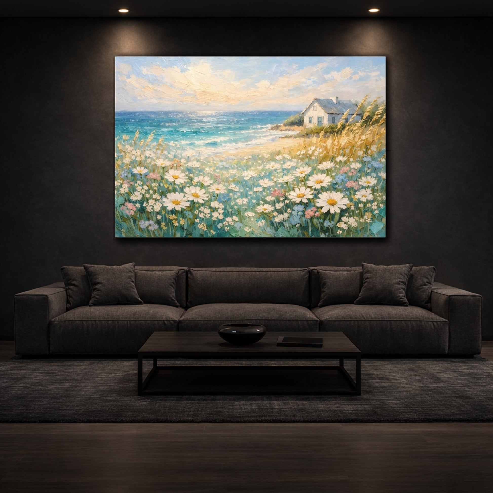 Nature Seaside Daisies Coastal Landscape shown as front canvas room wall art