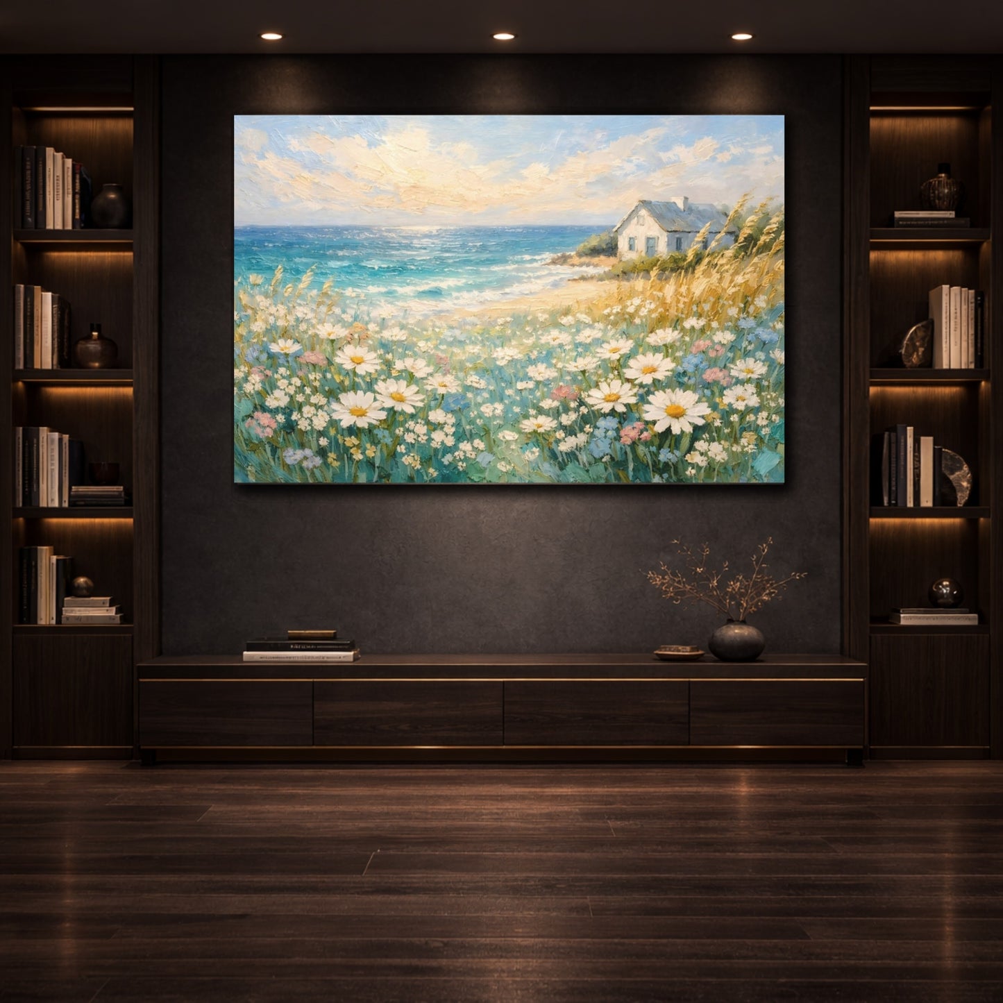 Nature Seaside Daisies Coastal Landscape shown as front canvas room wall art