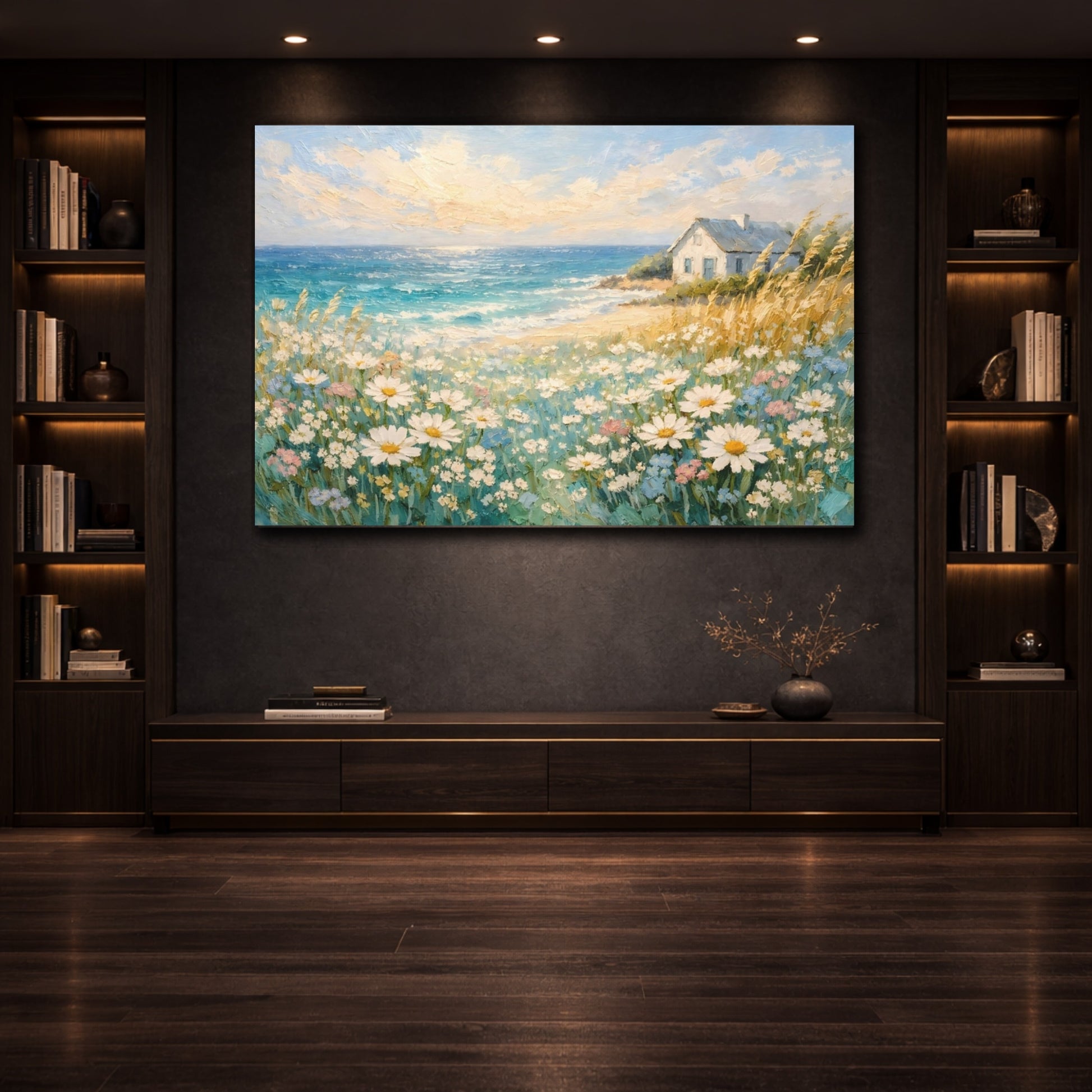 Nature Seaside Daisies Coastal Landscape shown as front canvas room wall art