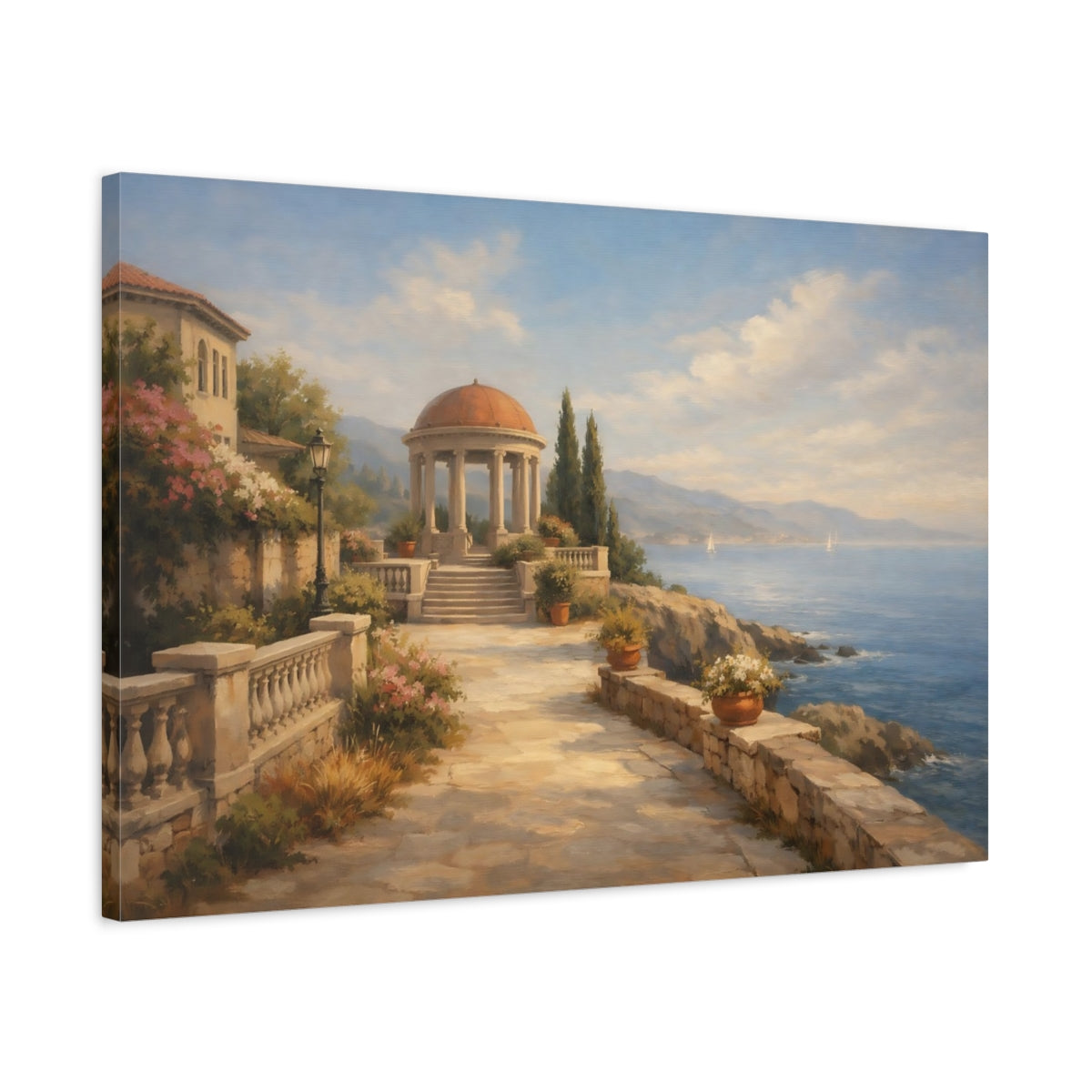 Side Mockup 2. Nature Seaside Gazebo Coastal Landscape shown as stretched canvas wall art