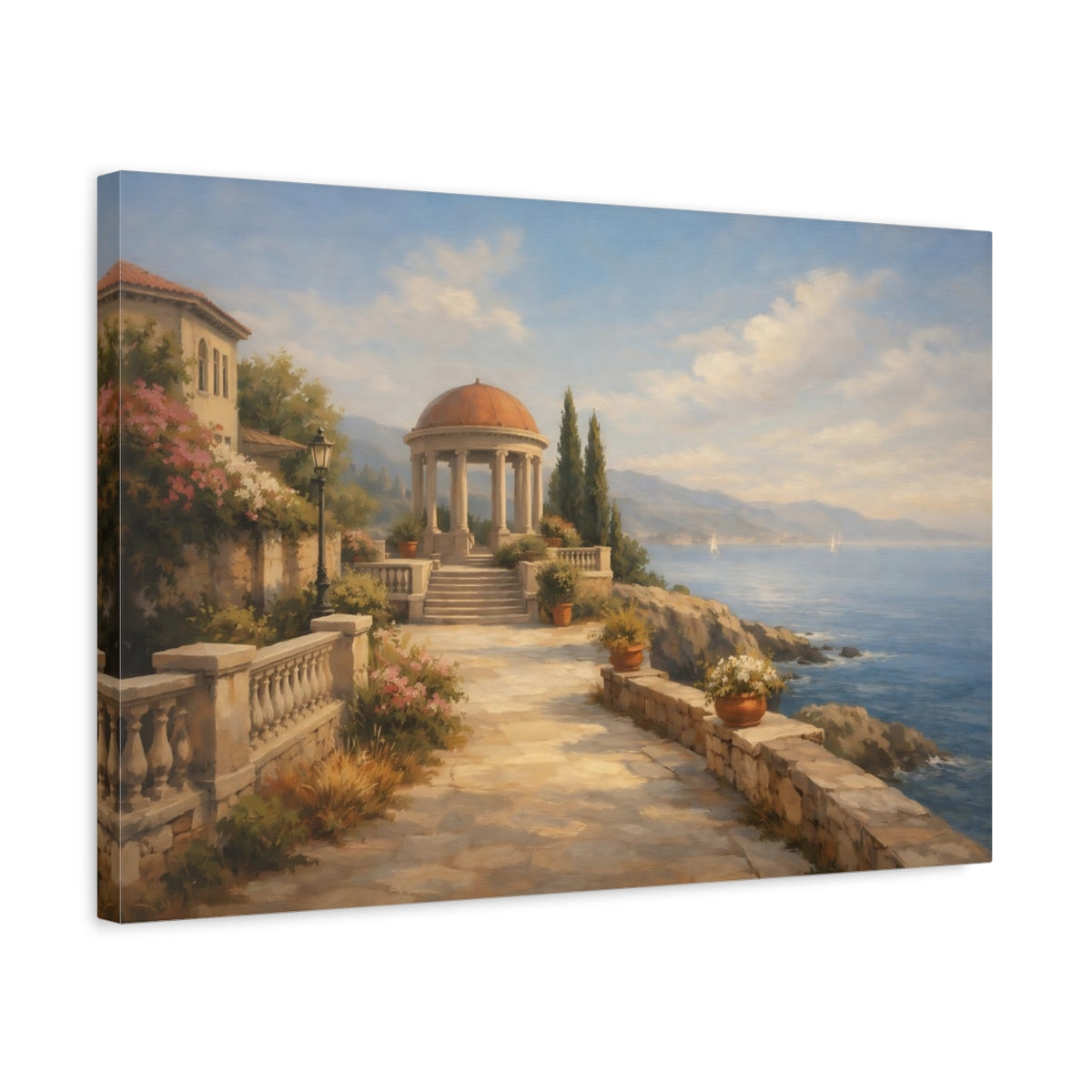 Side Mockup 3. Nature Seaside Gazebo Coastal Landscape shown as stretched canvas wall art