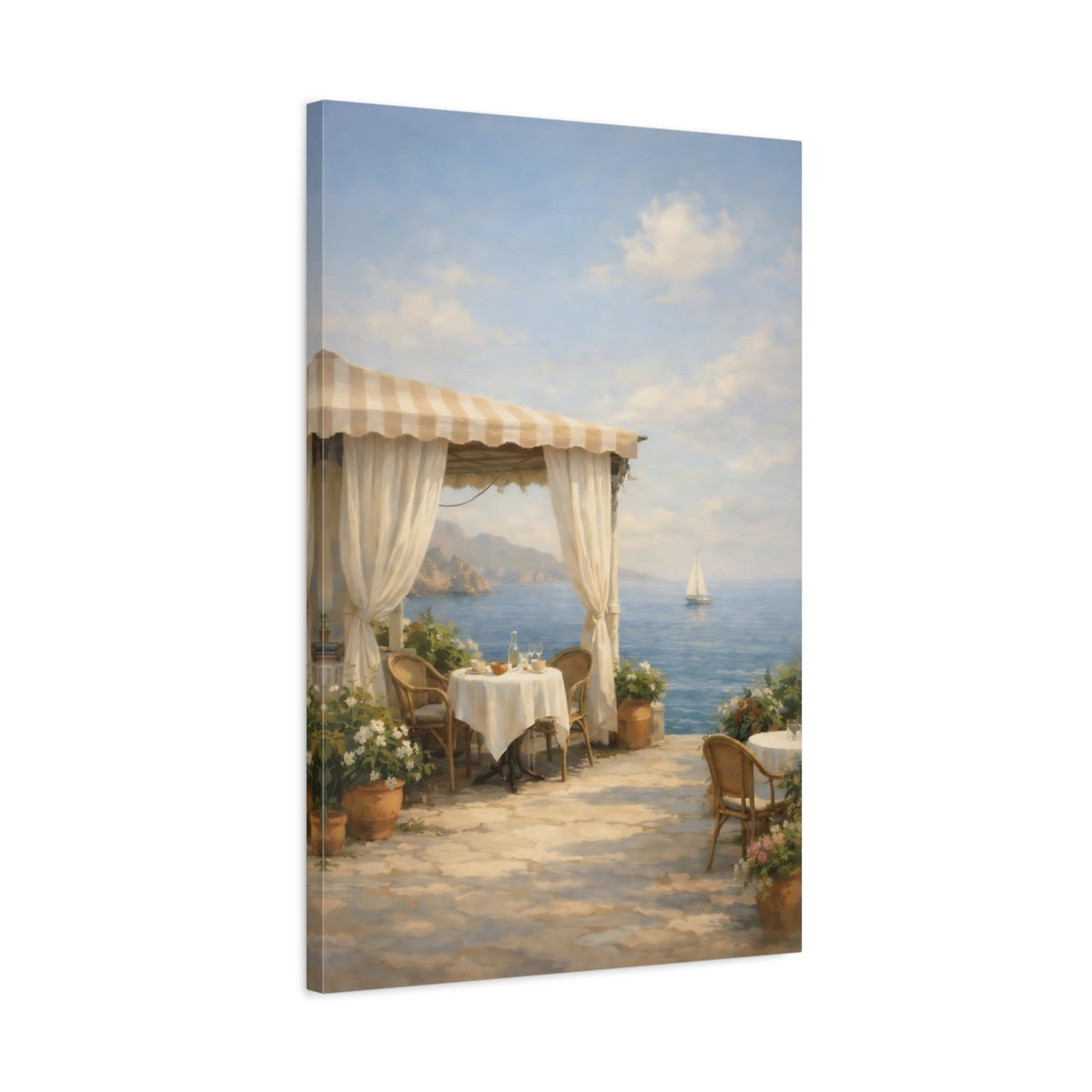 Side Mockup 2. Nature Seaside Patio Mediterranean Coastal shown as stretched canvas wall art