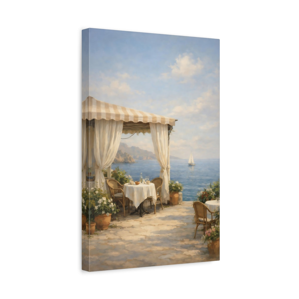 Side Mockup 4. Nature Seaside Patio Mediterranean Coastal shown as stretched canvas wall art