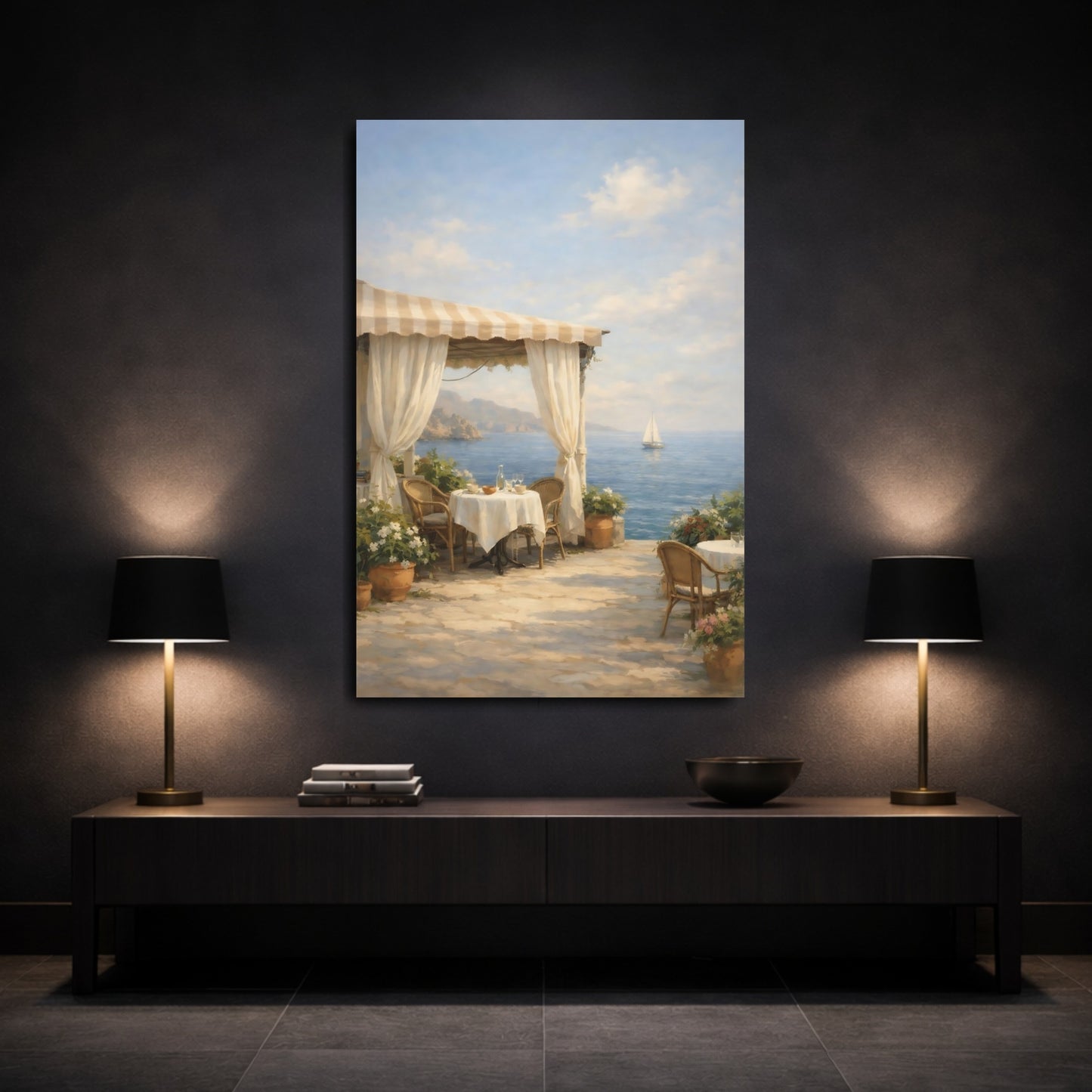 Mockup 2. Nature Seaside Patio Mediterranean Coastal shown as stretched canvas wall art