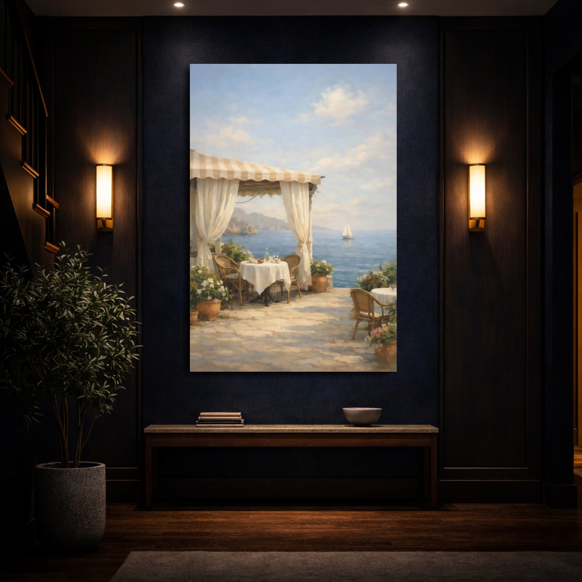Mockup 3. Nature Seaside Patio Mediterranean Coastal shown as stretched canvas wall art