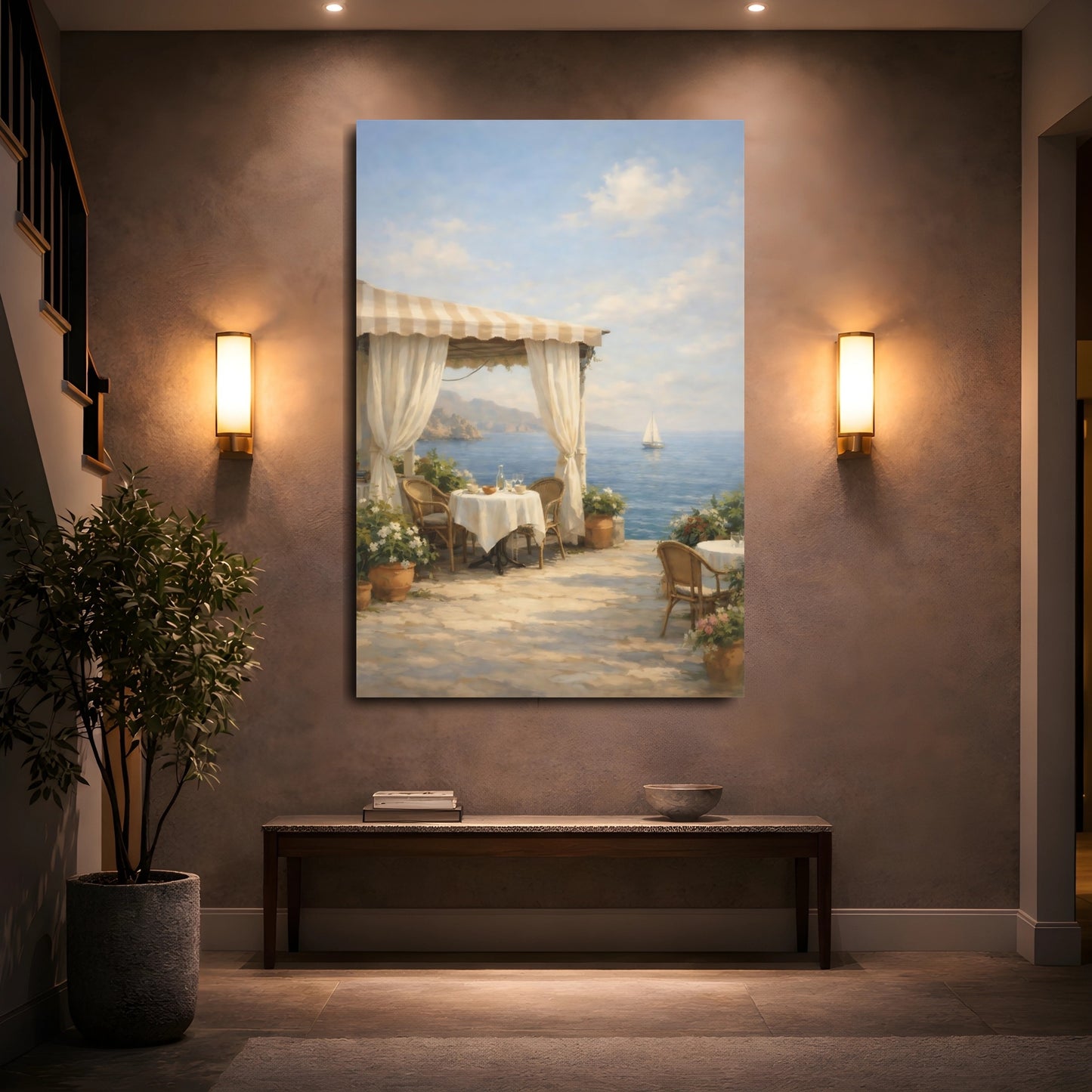 Mockup 4. Nature Seaside Patio Mediterranean Coastal shown as stretched canvas wall art