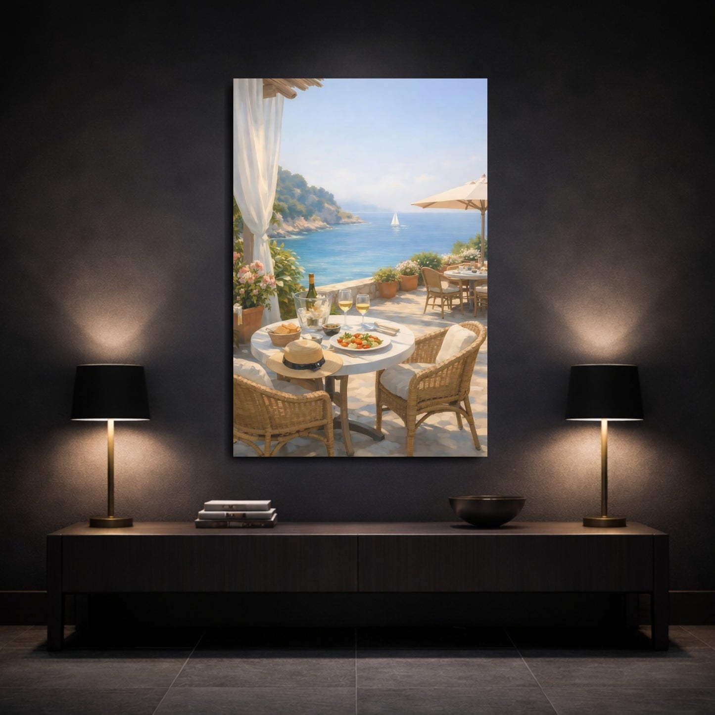 Mockup 2. Nature Seaside Terrace Blue Ocean Terrace shown as stretched canvas wall art