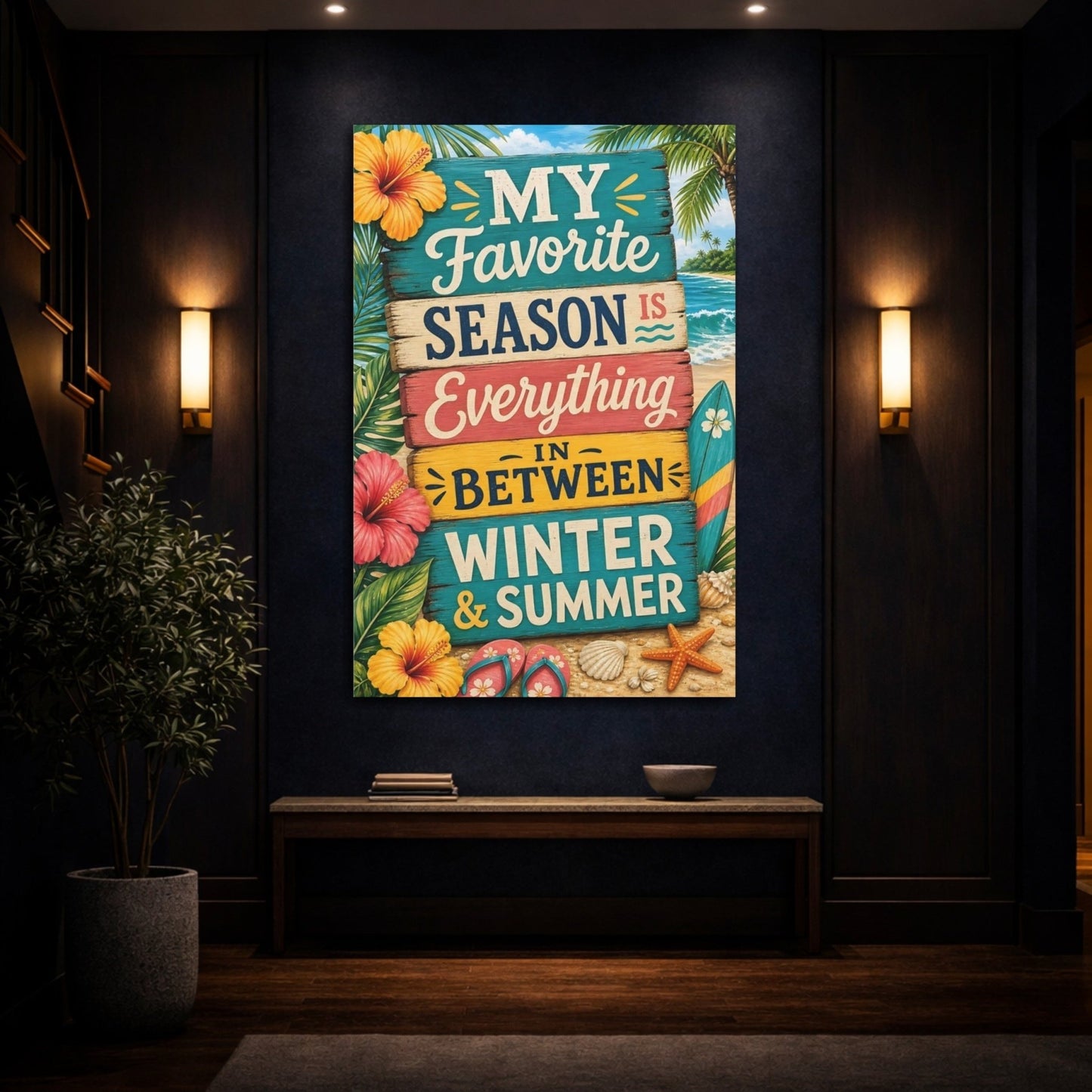 Nature Seasonal Quote Tropical Beach Canvas Wall Art Print – Illustrative Living Room, Above Fireplace - YesArtYes