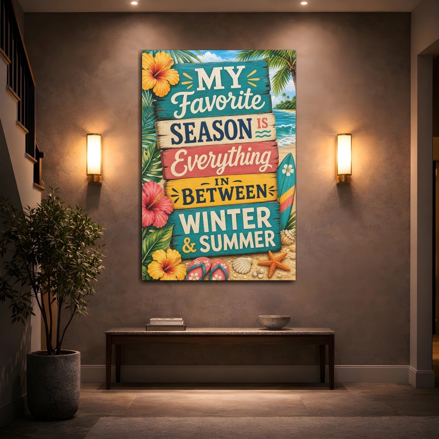 Nature Seasonal Quote Tropical Beach Canvas Wall Art Print – Illustrative Living Room, Above Fireplace - YesArtYes