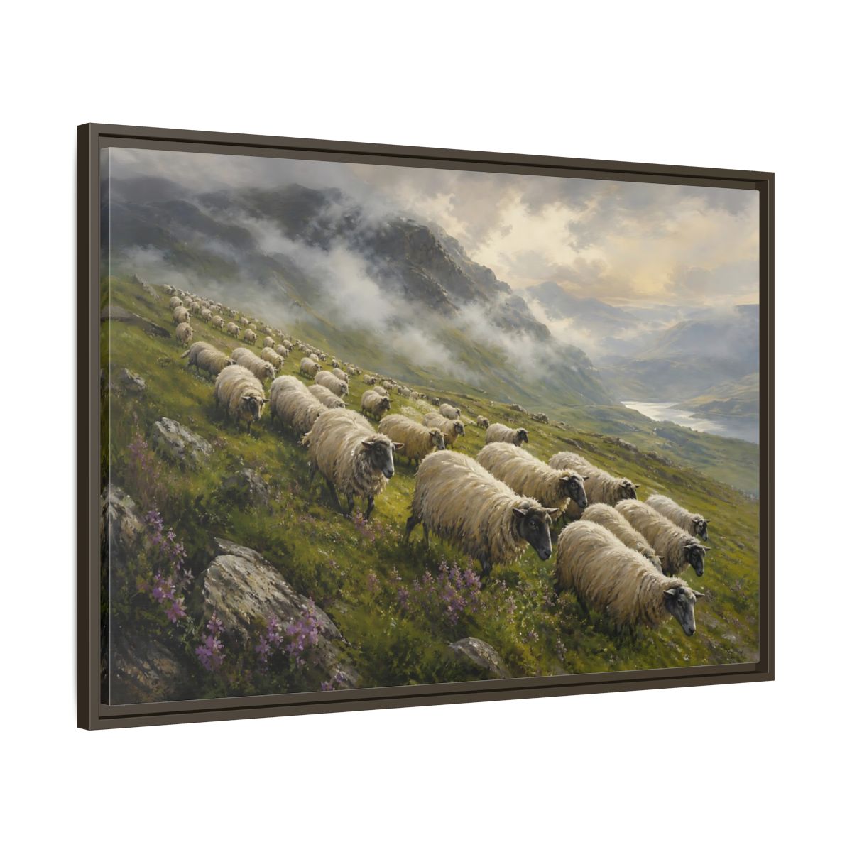 Main Mockup. Nature Sheep Green And Beige shown as stretched canvas wall art