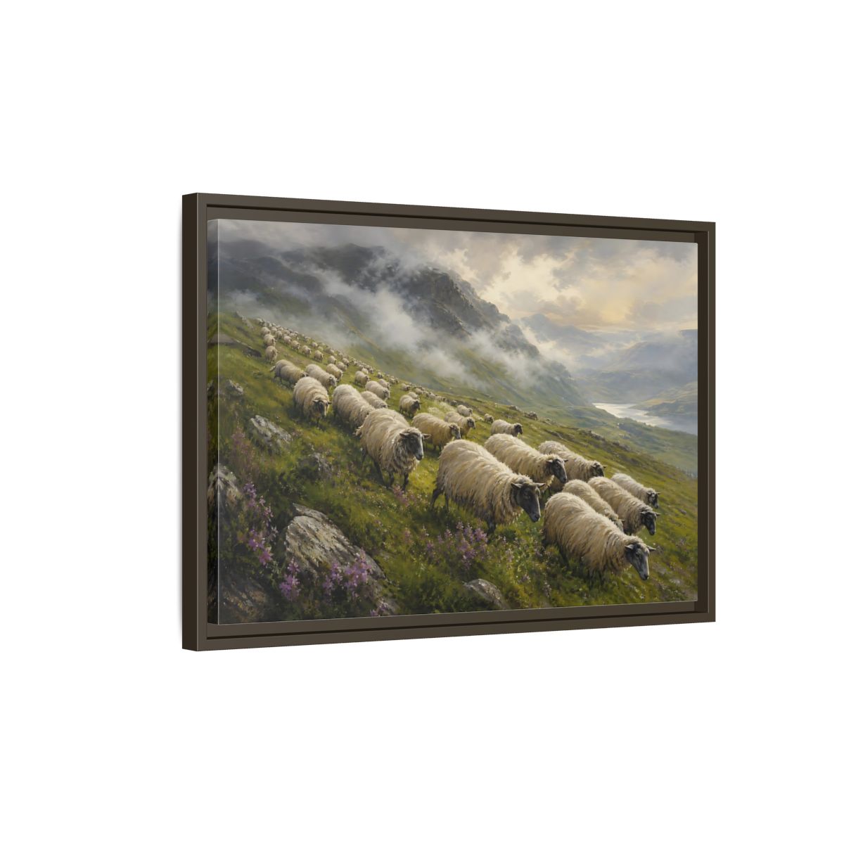 Side Mockup 2. Nature Sheep Green And Beige shown as stretched canvas wall art
