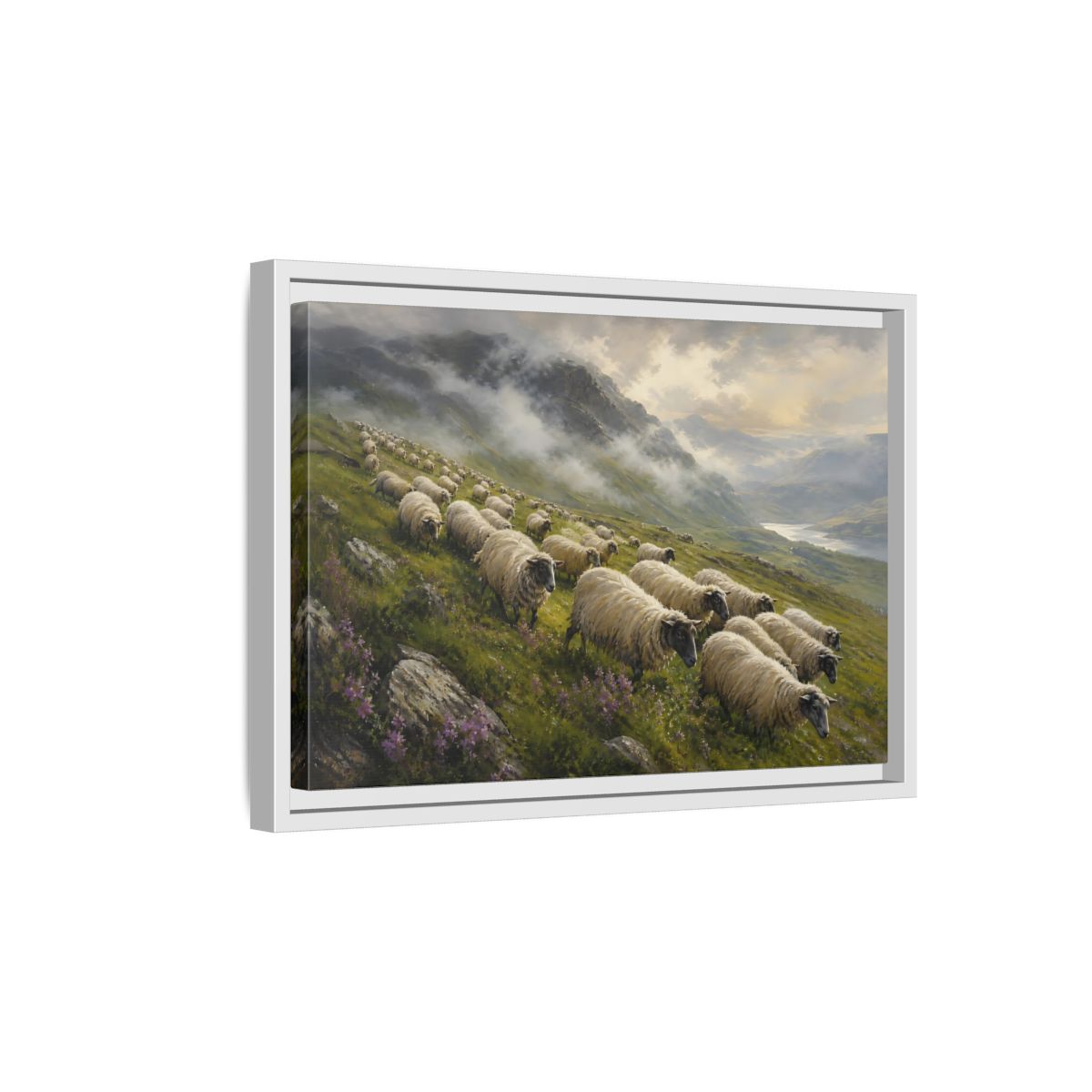 Side Mockup 4. Nature Sheep Green And Beige shown as stretched canvas wall art