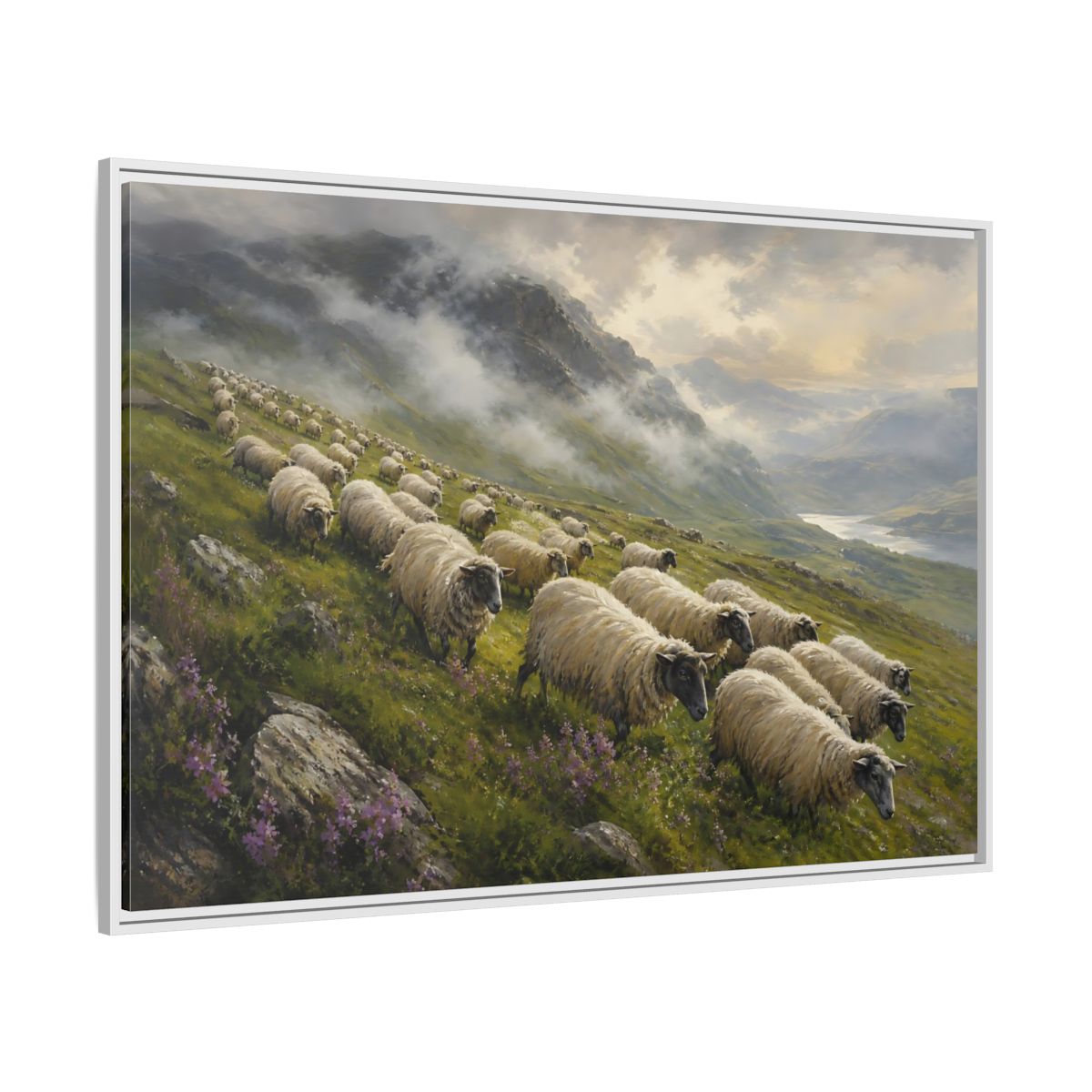 Side Mockup 7. Nature Sheep Green And Beige shown as stretched canvas wall art