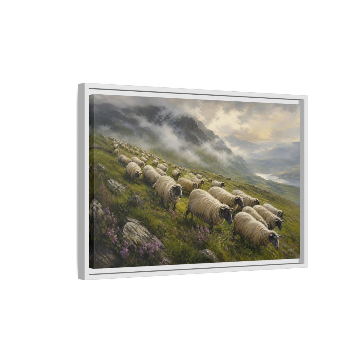 Side Mockup 1. Nature Sheep Green And Beige shown as stretched canvas wall art