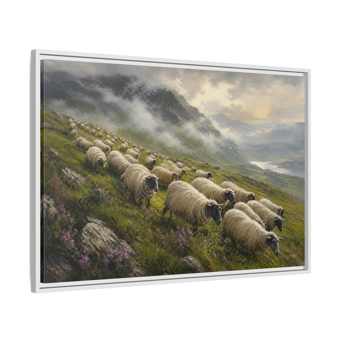 Side Mockup 9. Nature Sheep Green And Beige shown as stretched canvas wall art