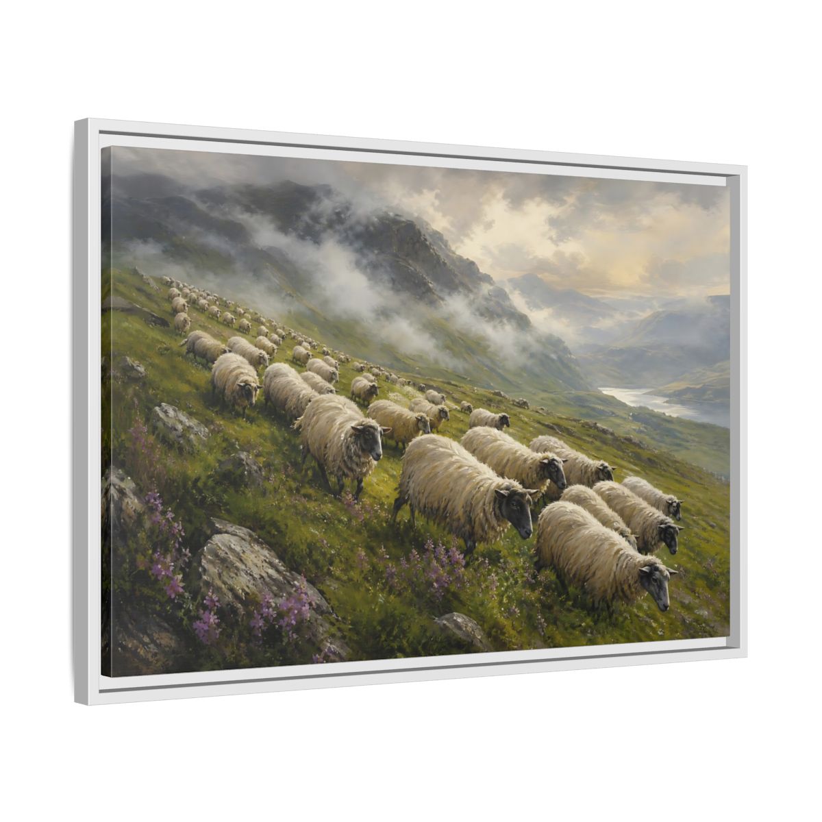 Side Mockup 10. Nature Sheep Green And Beige shown as stretched canvas wall art