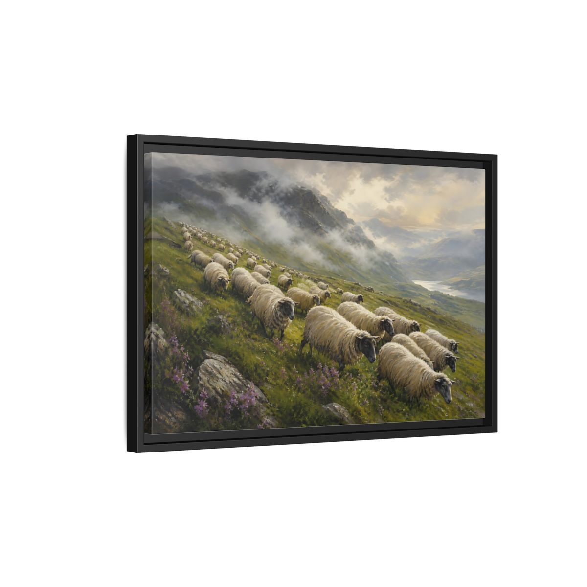 Side Mockup 3. Nature Sheep Green And Beige shown as stretched canvas wall art