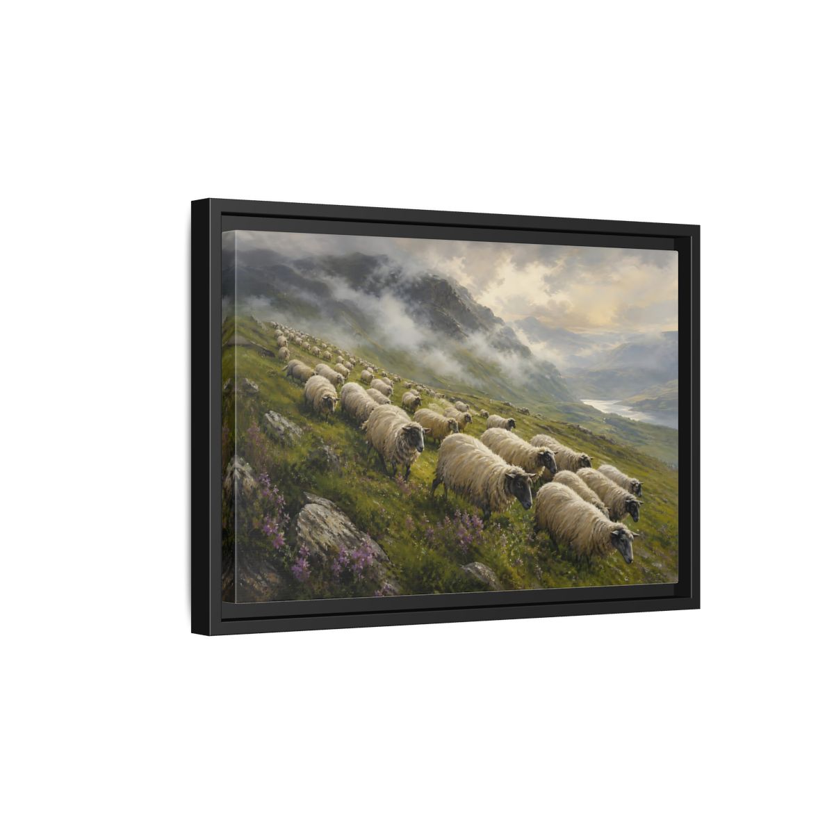 Side Mockup 6. Nature Sheep Green And Beige shown as stretched canvas wall art