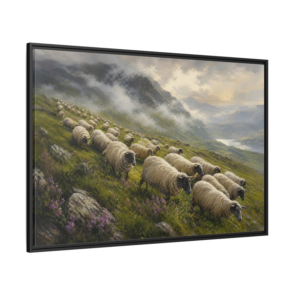 Side Mockup 12. Nature Sheep Green And Beige shown as stretched canvas wall art