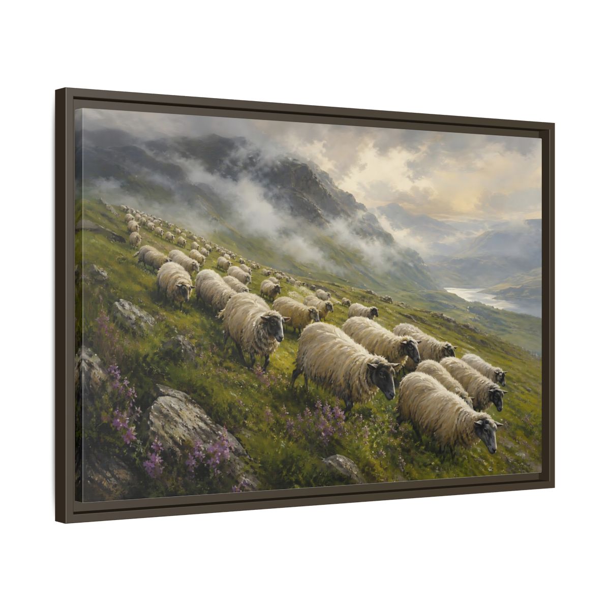 Side Mockup 11. Nature Sheep Green And Beige shown as stretched canvas wall art