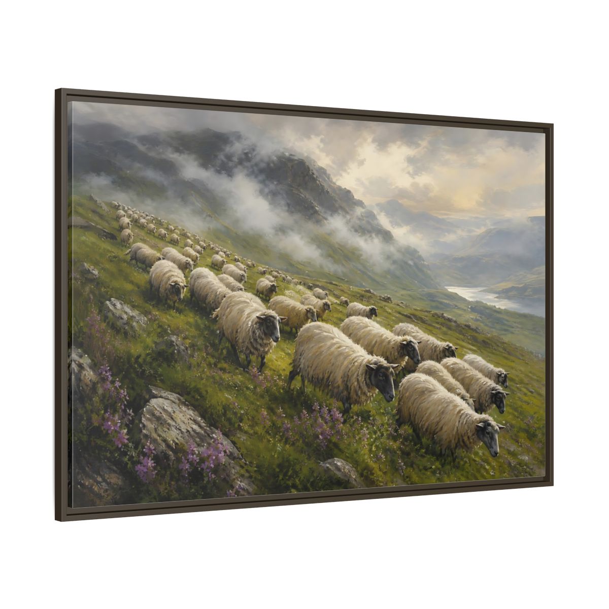 Side Mockup 8. Nature Sheep Green And Beige shown as stretched canvas wall art