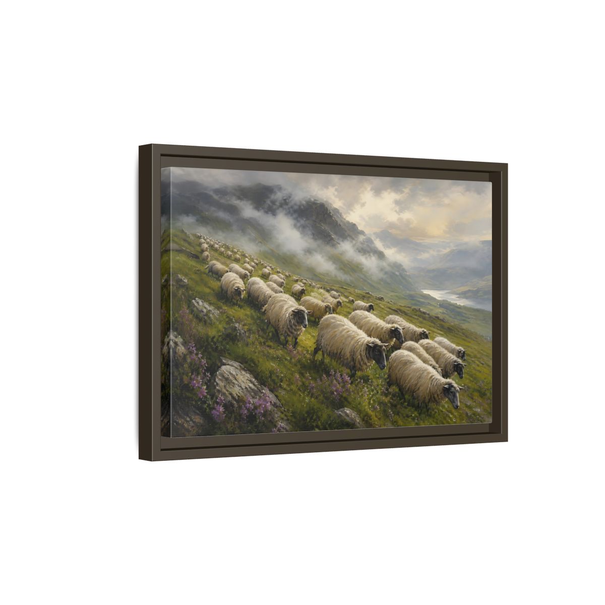 Side Mockup 5. Nature Sheep Green And Beige shown as stretched canvas wall art