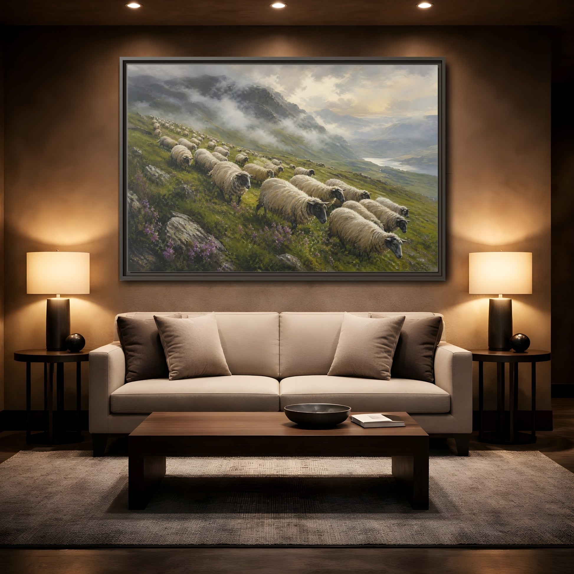 Mockup 2. Nature Sheep Green And Beige shown as stretched canvas wall art