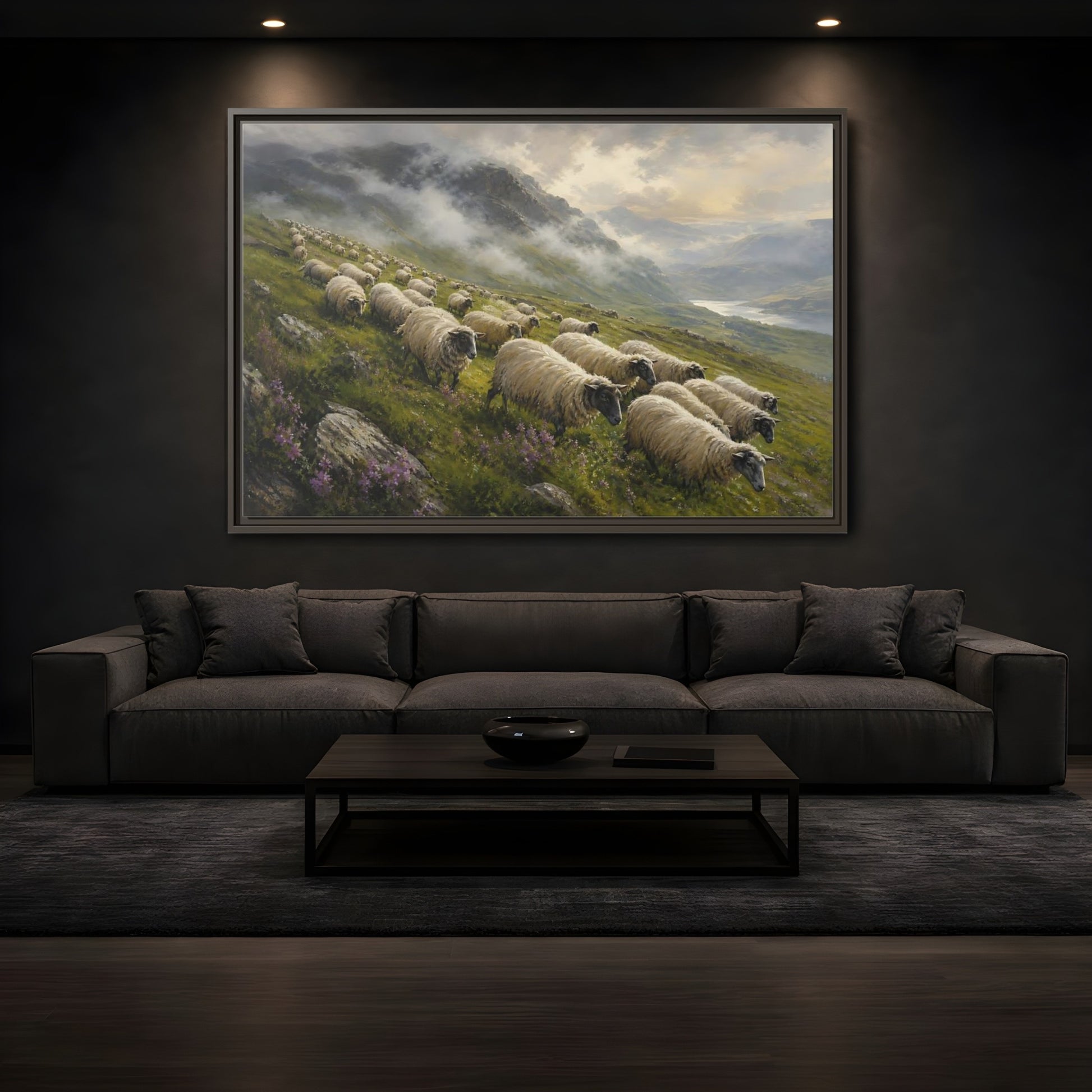 Mockup 3. Nature Sheep Green And Beige shown as stretched canvas wall art