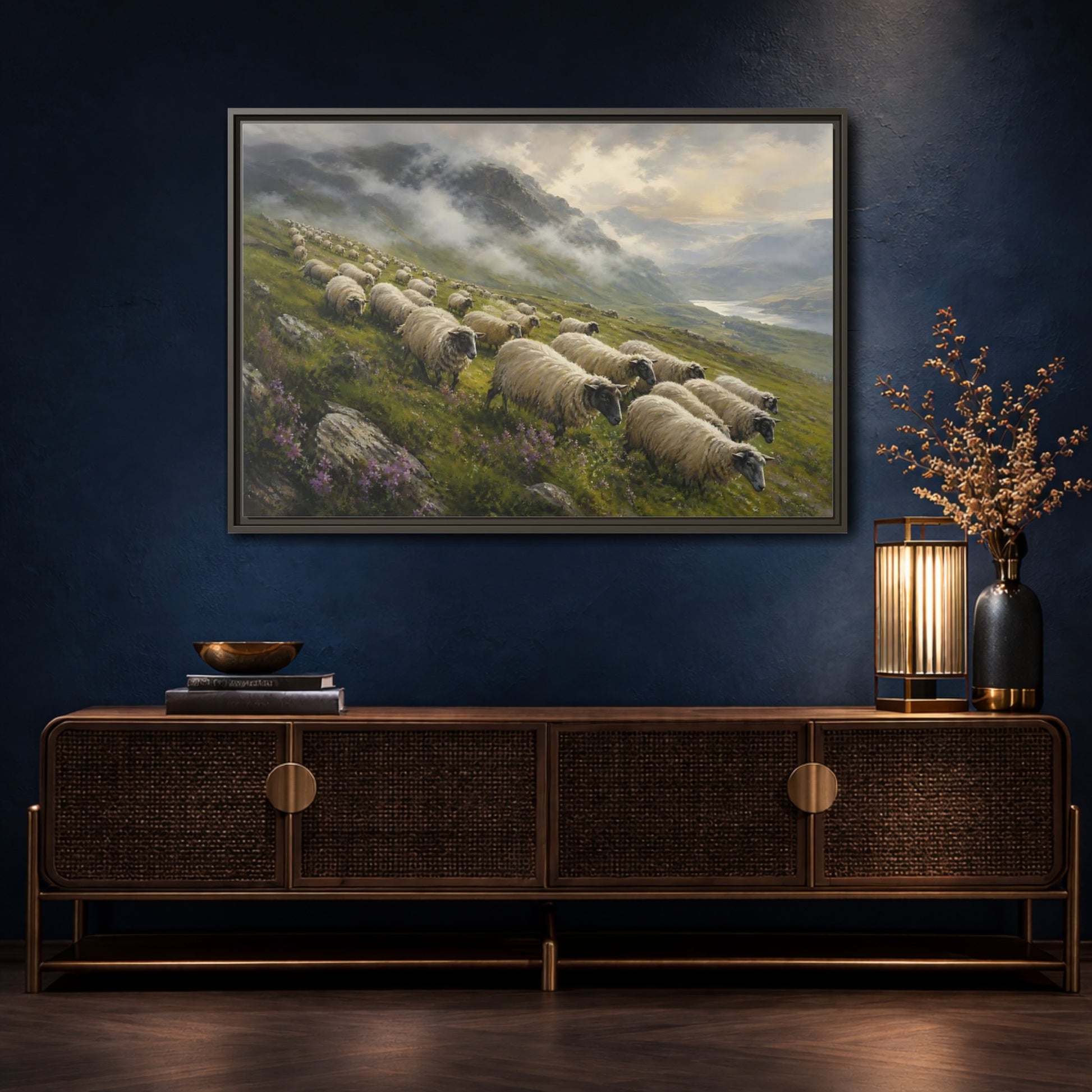 Mockup 4. Nature Sheep Green And Beige shown as stretched canvas wall art