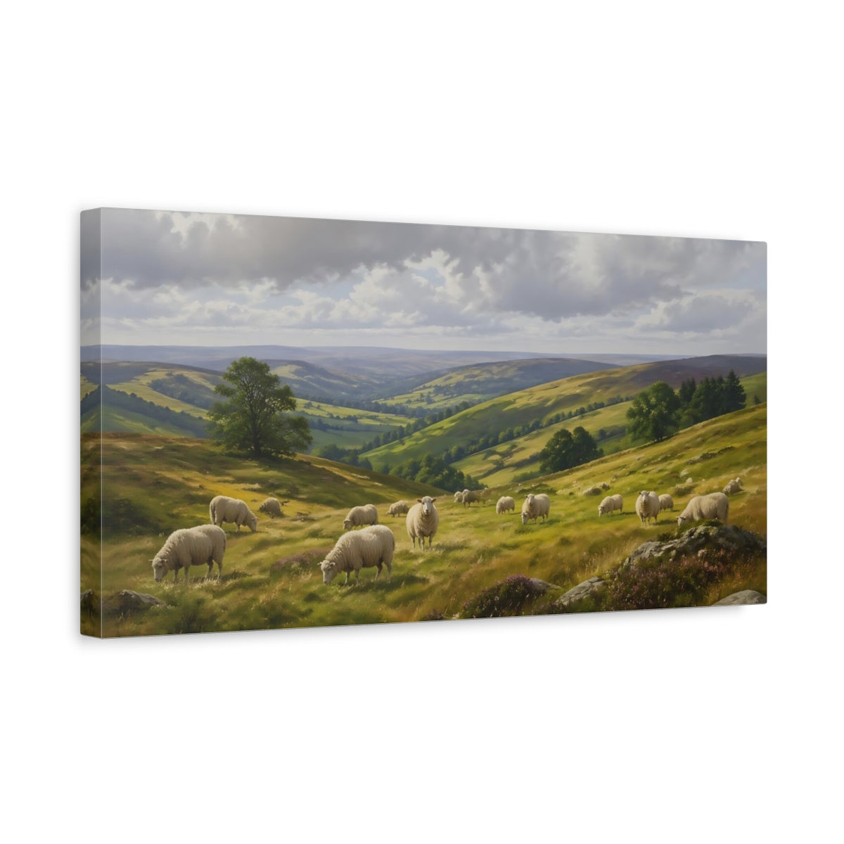 Side Mockup 3. Nature Sheep Green Valley Sheep shown as stretched canvas wall art