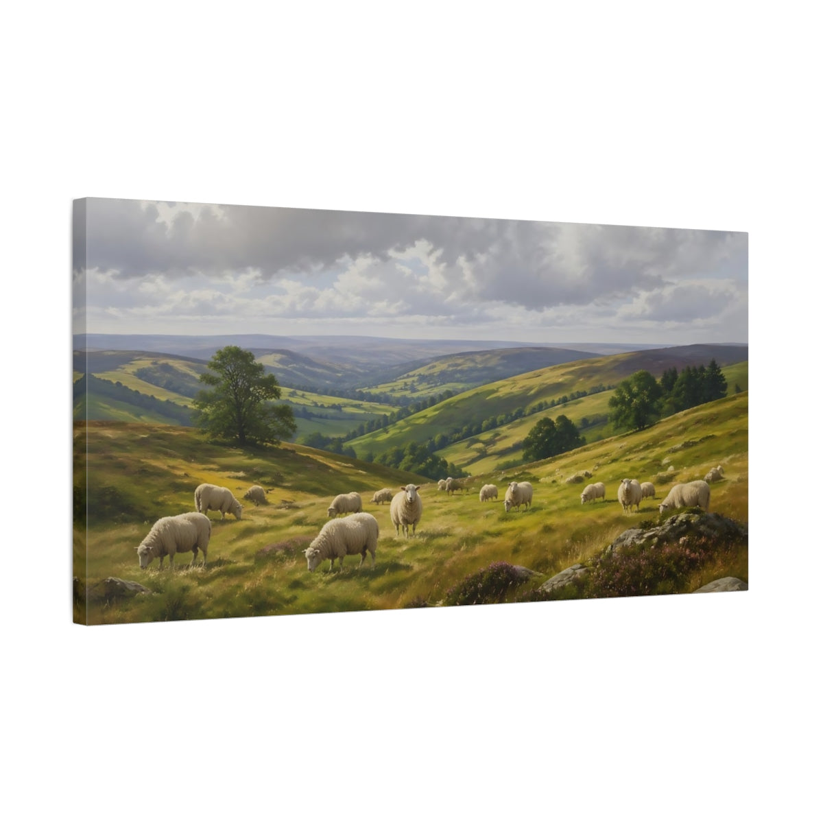 Side Mockup 1. Nature Sheep Green Valley Sheep shown as stretched canvas wall art