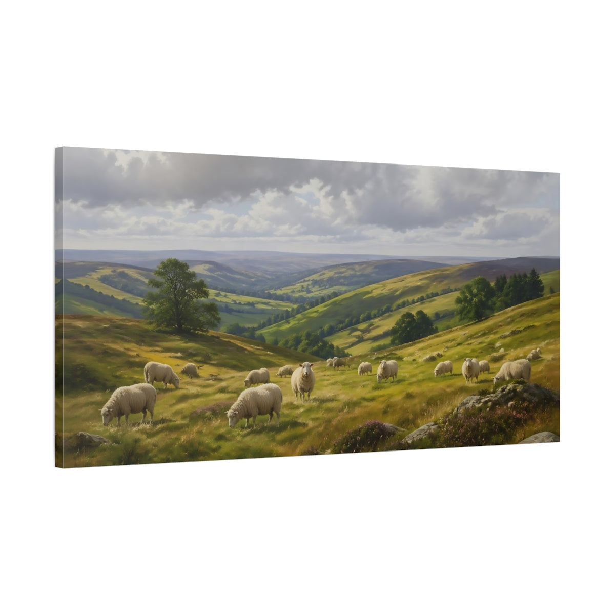 Main Mockup. Nature Sheep Green Valley Sheep shown as stretched canvas wall art