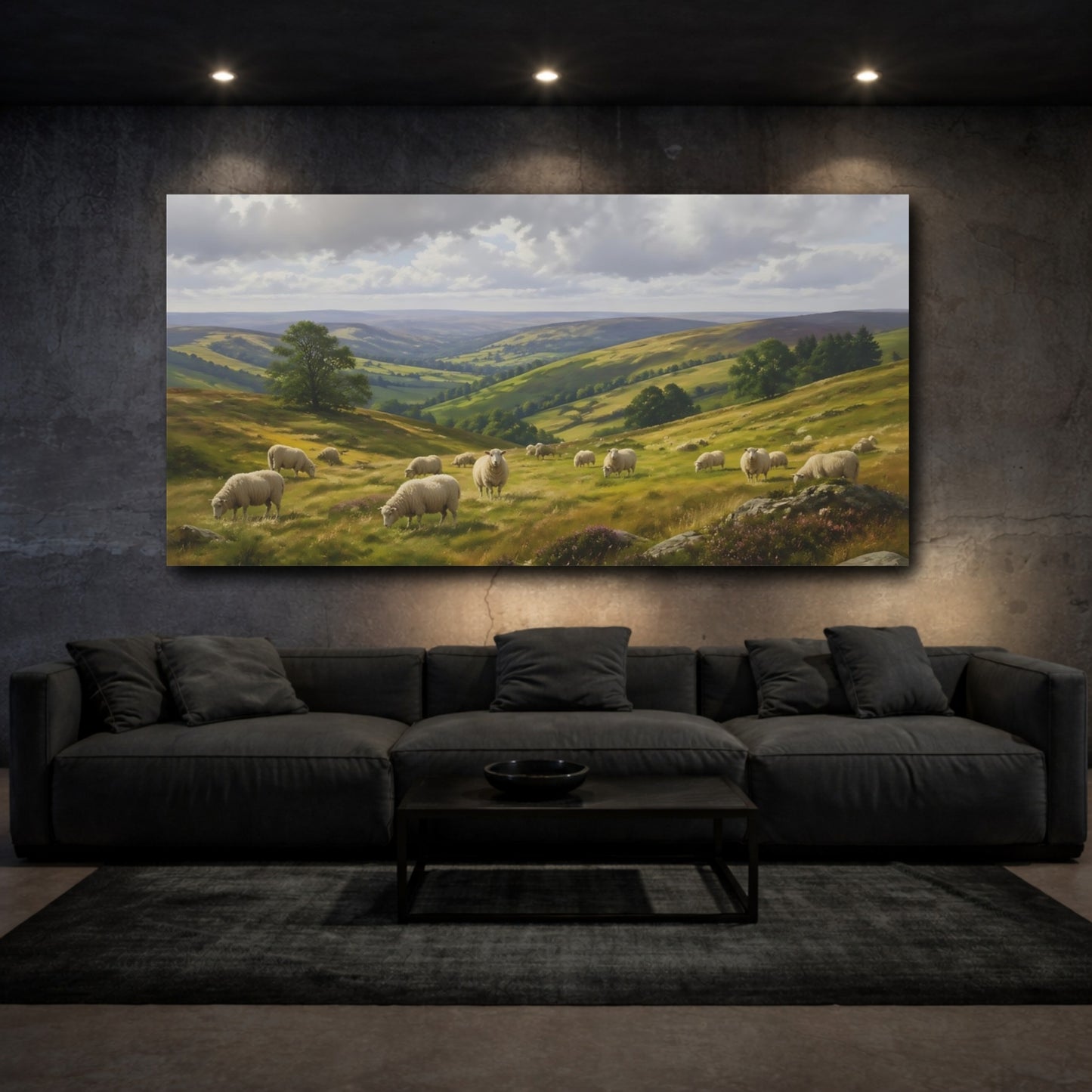 Mockup 2. Nature Sheep Green Valley Sheep shown as stretched canvas wall art