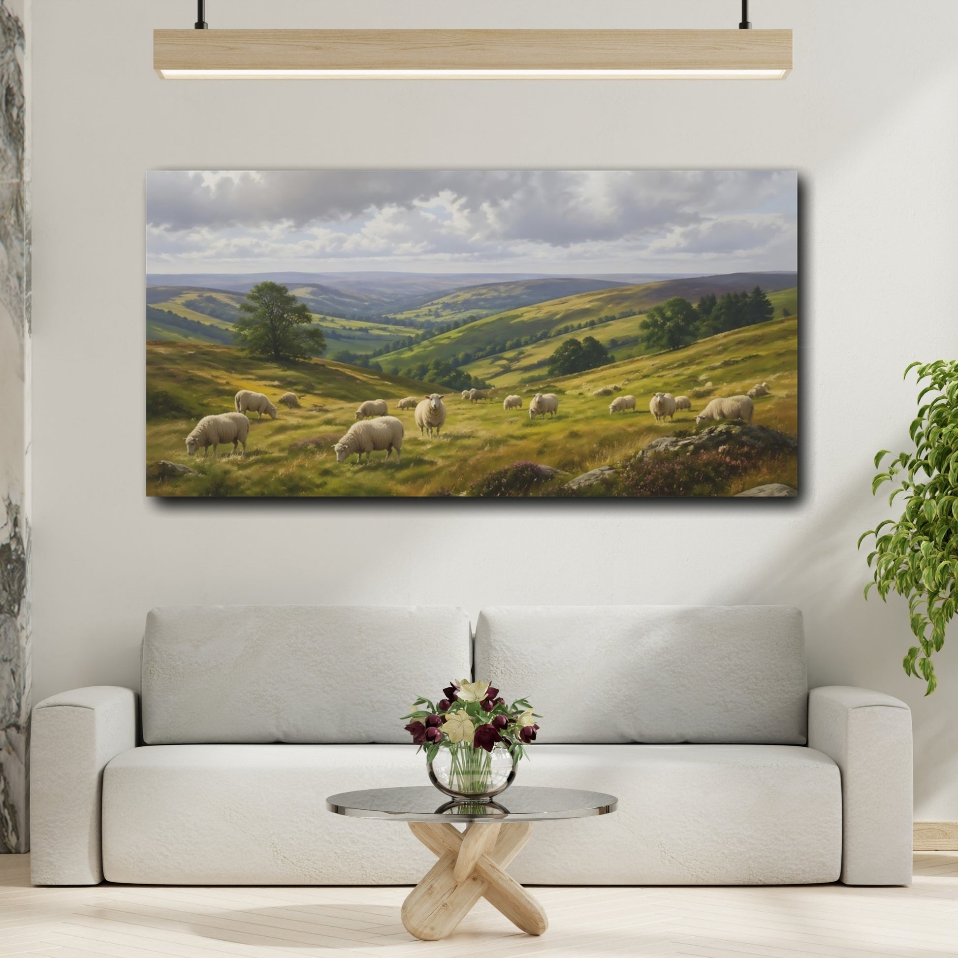 Mockup 3. Nature Sheep Green Valley Sheep shown as stretched canvas wall art