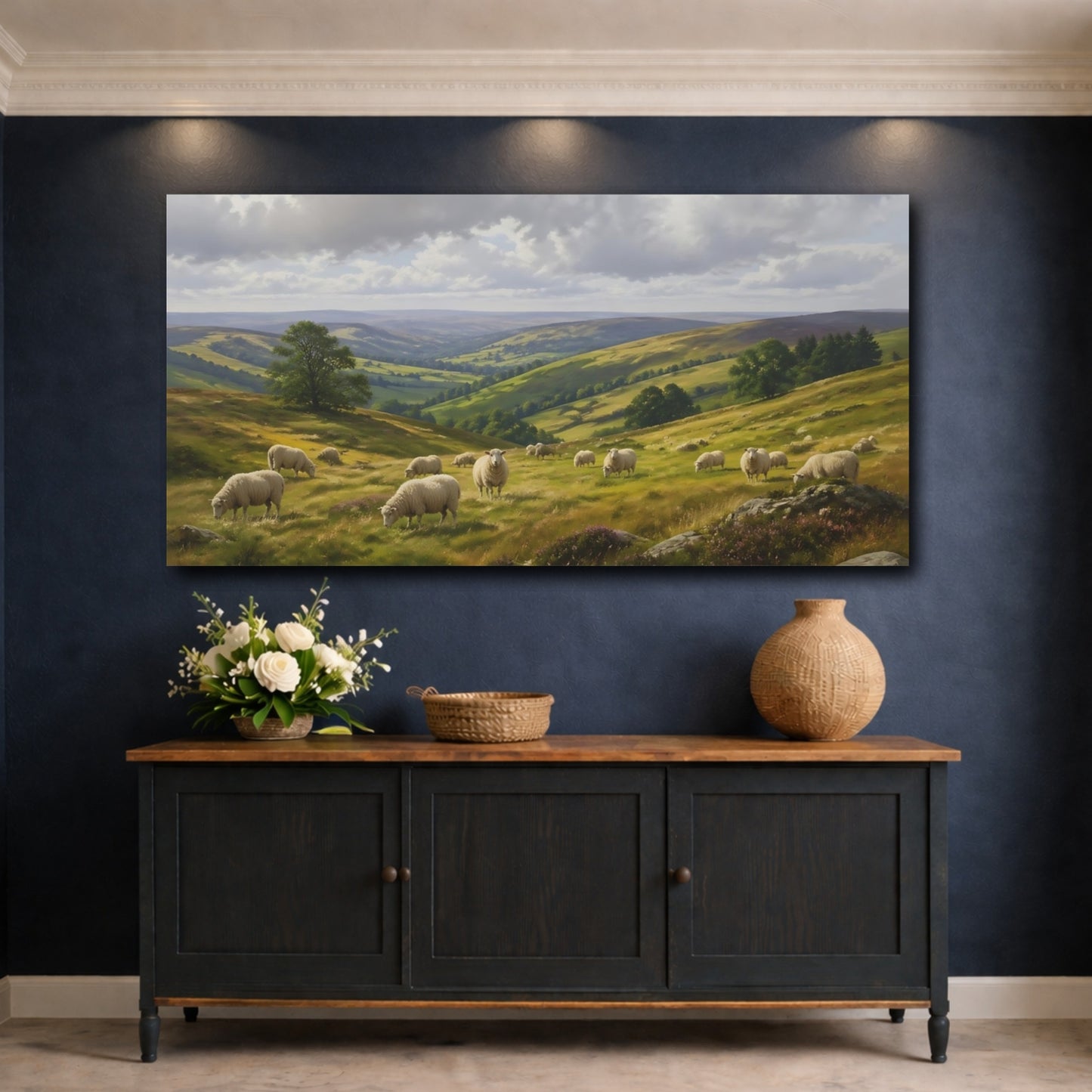 Mockup 4. Nature Sheep Green Valley Sheep shown as stretched canvas wall art