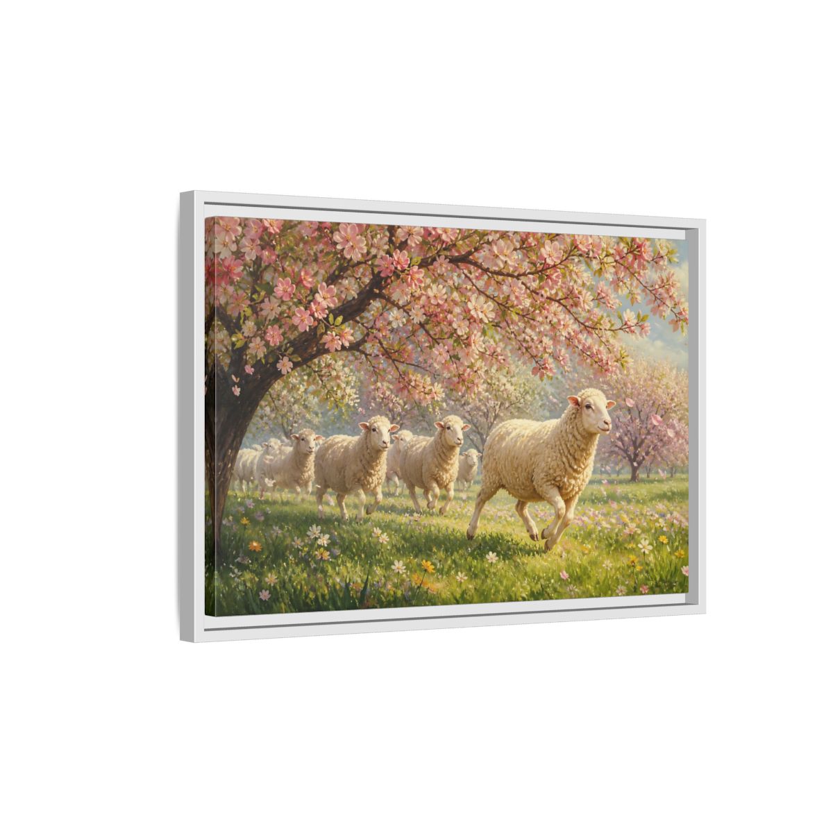 Side Mockup 1. Nature Sheep Pink Floral Sheep shown as stretched canvas wall art
